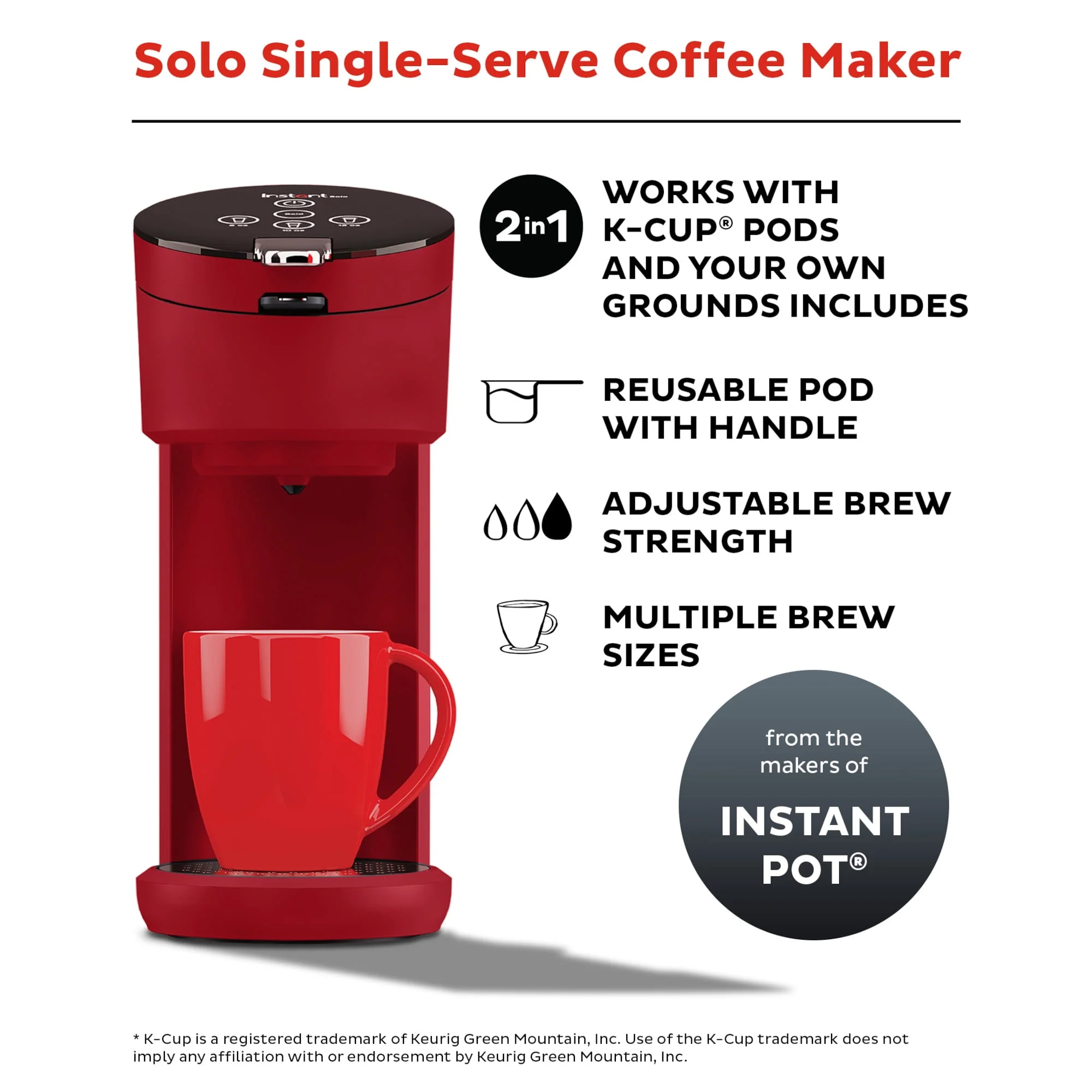 Instant Solo 2-in-1 Single Serve Coffee Maker for Ground Coffee or K-Cup Pods with 3 Brew Sizes, Maroon Red