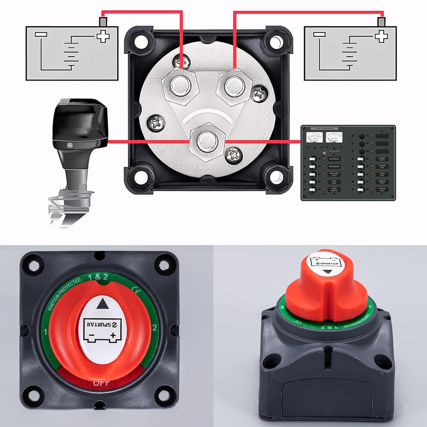 Spurtar Battery Disconnect Switch 1-2-Both-Off, DC 12V-48V Master Marine Battery Switch Power Cut Off for Marine Boat Car ATV RV Vehicle, Waterproof Battery Isolator Heavy Duty