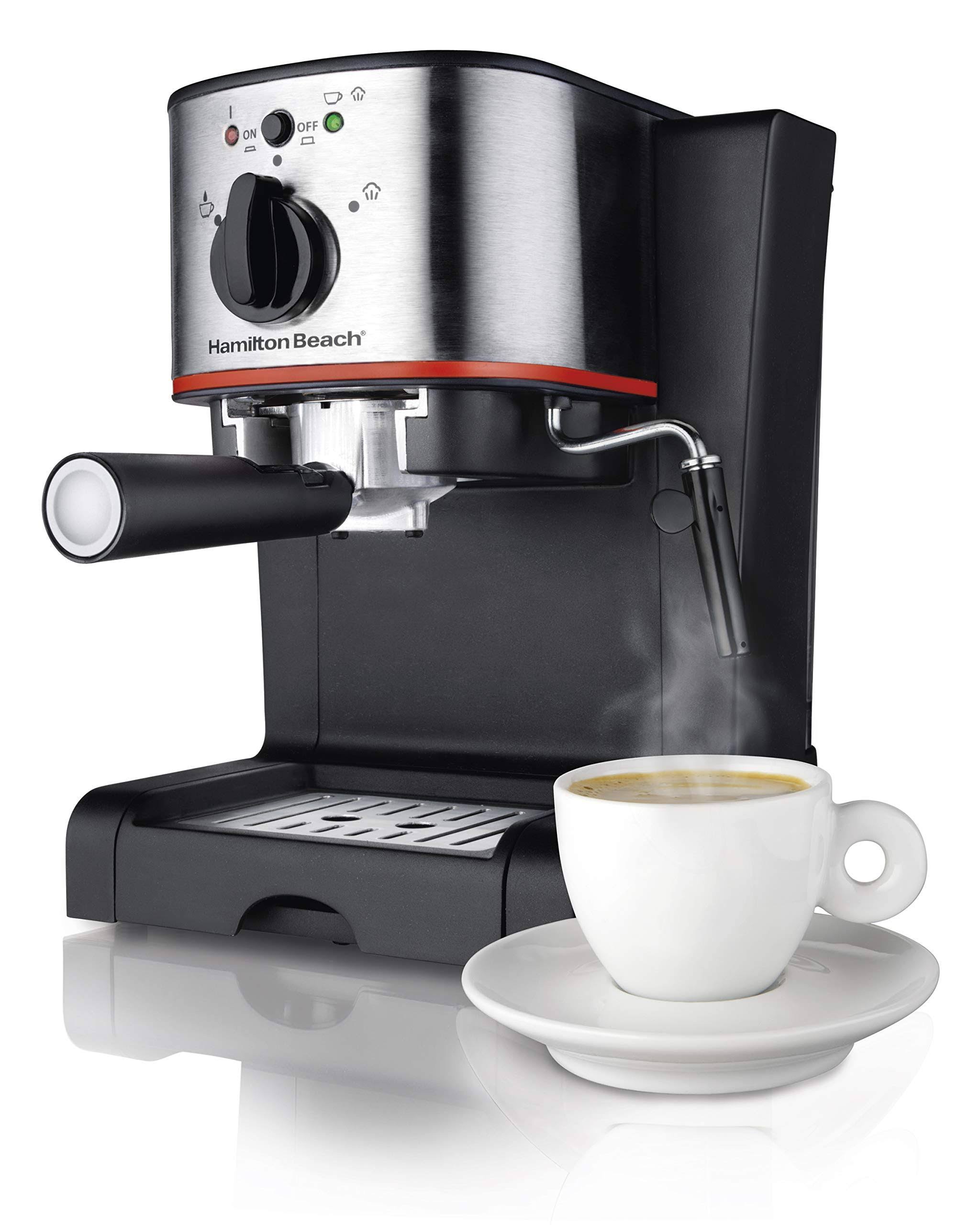 Hamilton Beach Espresso Machine, Latte and Cappuccino Maker with Milk Frother, 15 Bar Italian Pump, Single Cup, Black u0026 Stai