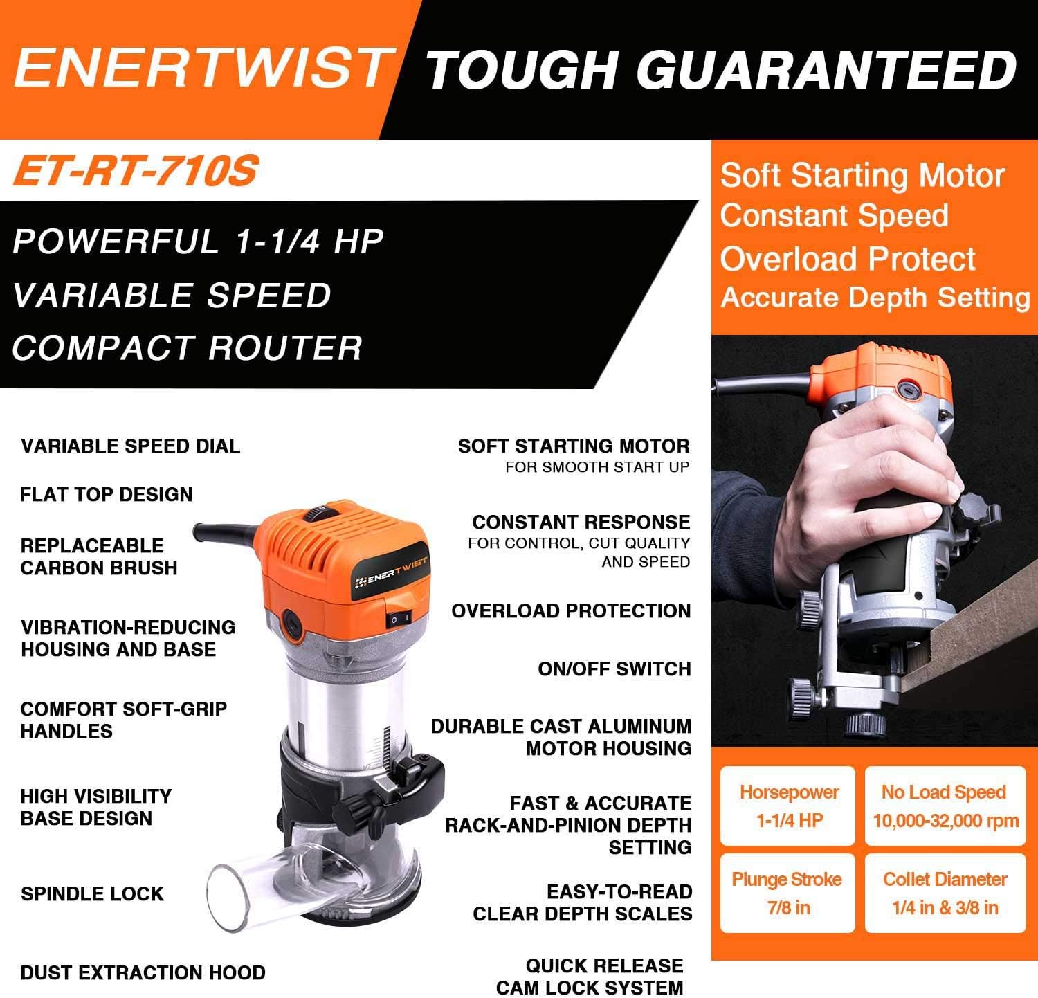 ENERTWIST Compact Router Tool, 7.0-Amp 1.25HP Soft Start Variable Speed Wood Router Kit w/Fixed Base, 1/4" & 3/8" Collets, Edge Guide, Roller Guide, Dust Hood, Replacement Brush Set, ET-RT-710S Pack of 2