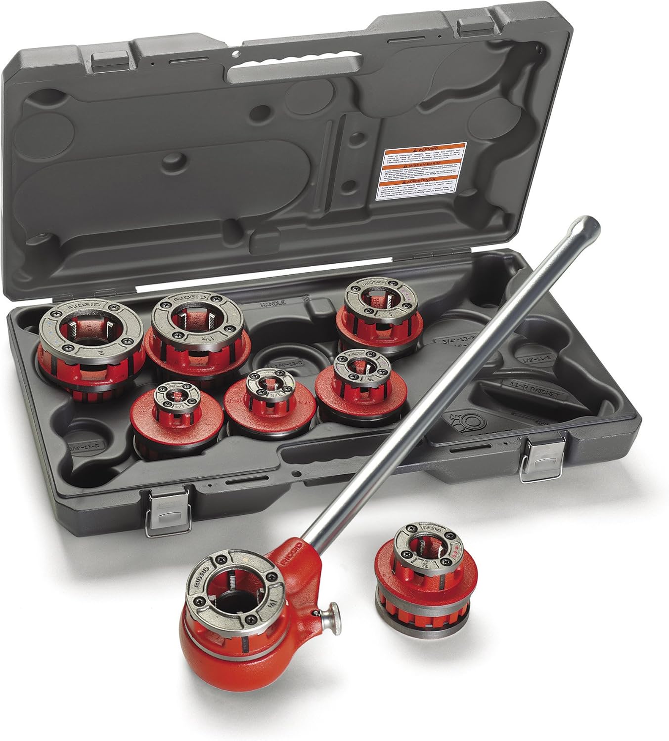 RIDGID 36480 12-R Exposed Ratchet Threader Set, Ratcheting Pipe Threading Set of 1/2-Inch to 1-1/4-Inch NPT Pipe Threading Dies and Manual Ratcheting Pipe Threader with Carrying Case,Silver/Red,Small