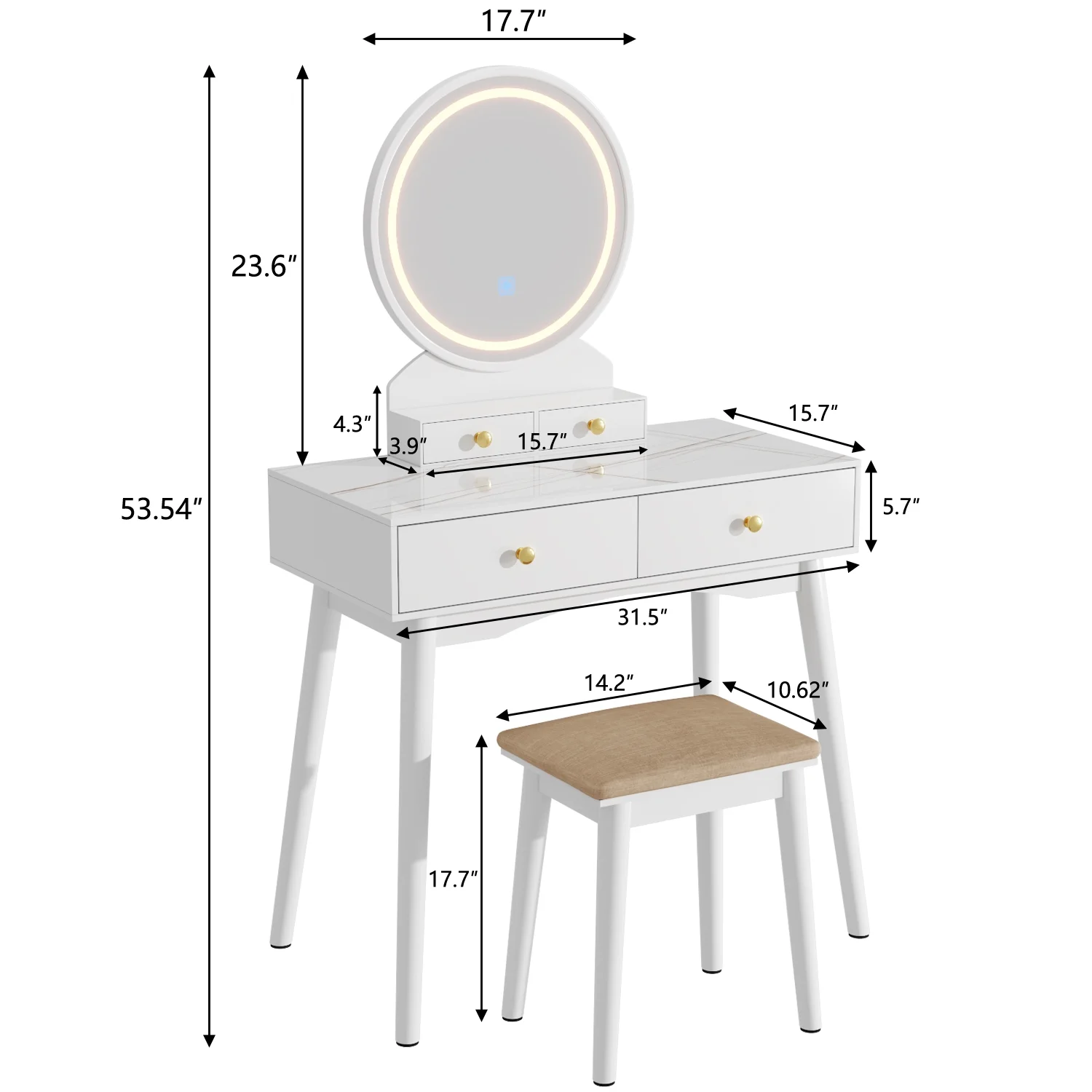 Furmax Vanity Table with Lighted Mirror, Vanity Desk with Stool, Dressing Table with 4 Drawers, Makeup Vanity Set, White Finish, for Bedroom