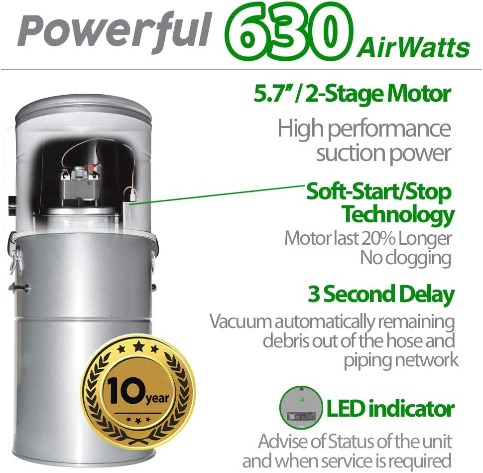 OVO Unit Large and Powerful Central Vacuum System, Hybrid Filtration (with or Without Disposable Bags), 25L or 6.6 Gal, 630 Airwatts with 35 ft Carpet Deluxe Accessory Kit Included, Pack B 35', White