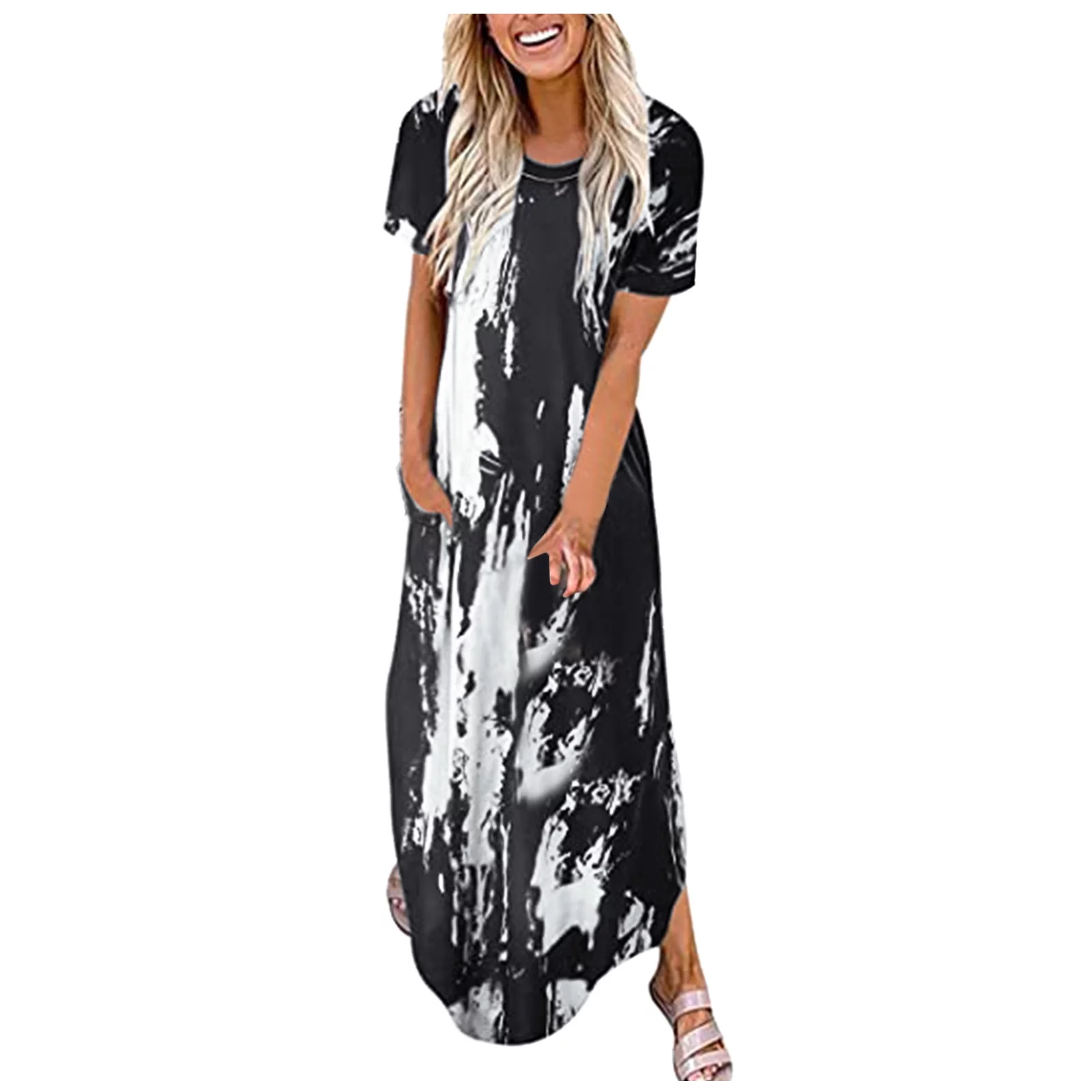 GuLuBin Long Sleeve Maxi Dresses for Women Women Short Sleeve Pocket Casual Floral Printing Beach Long Maxi Loose Dress - Curated Treasures Market
