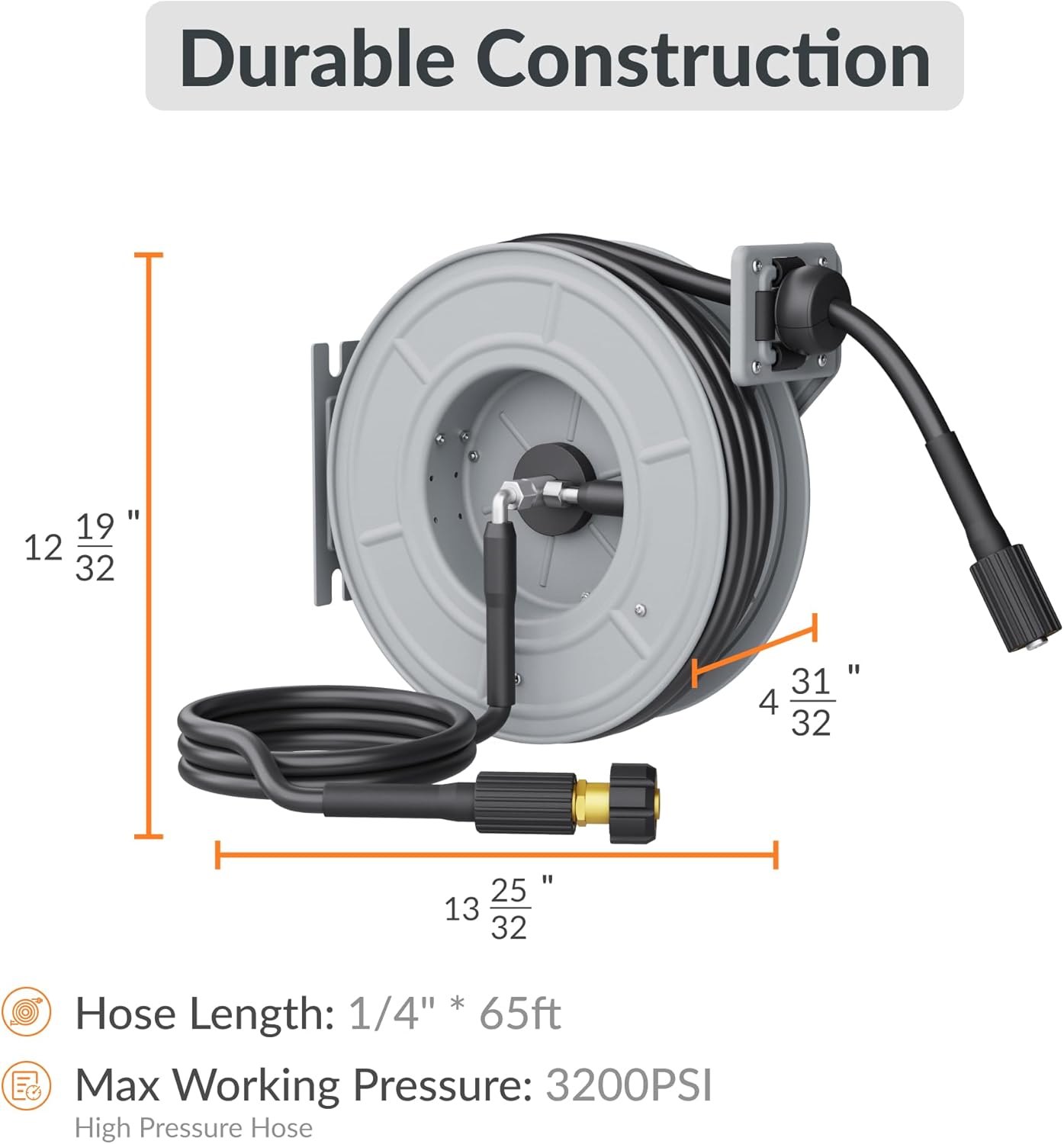 Giraffe Tools Pressure Washer Hose Reel, 1/4" x 65 ft Retractable Pressure Washer Reel,Steel Power Reel, Wall/Ceiling/Floor Mounted, 3200PSI, 2 * M22-15mm Connectors, Heavy Duty