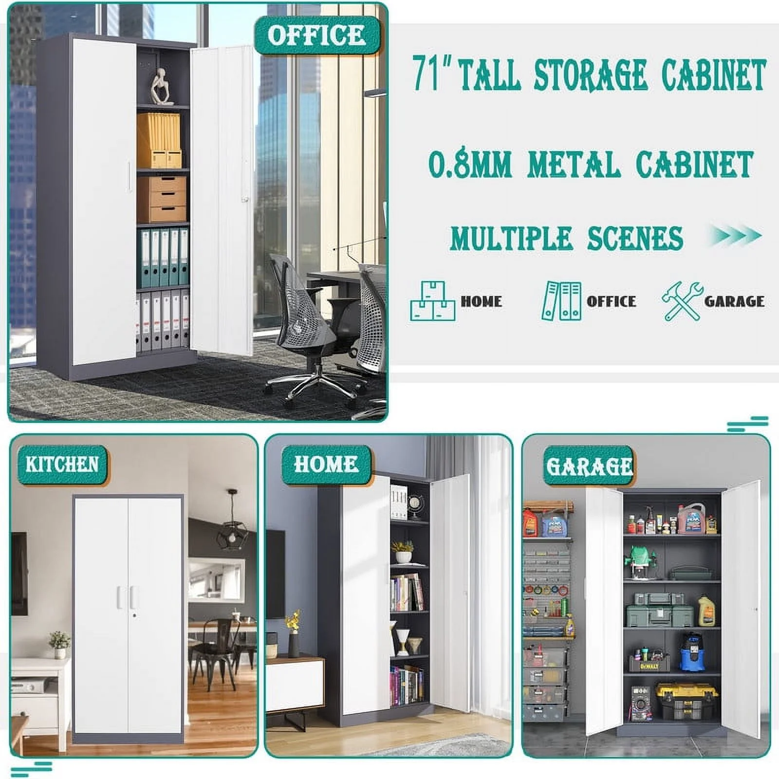 MIIIKO Metal Storage Cabinet 71" Locking Metal Storage Cabinet with 4 Adjustable Shelves, Black Metal Cabinet with 2 Doors and Lock for Office, Garage, Home