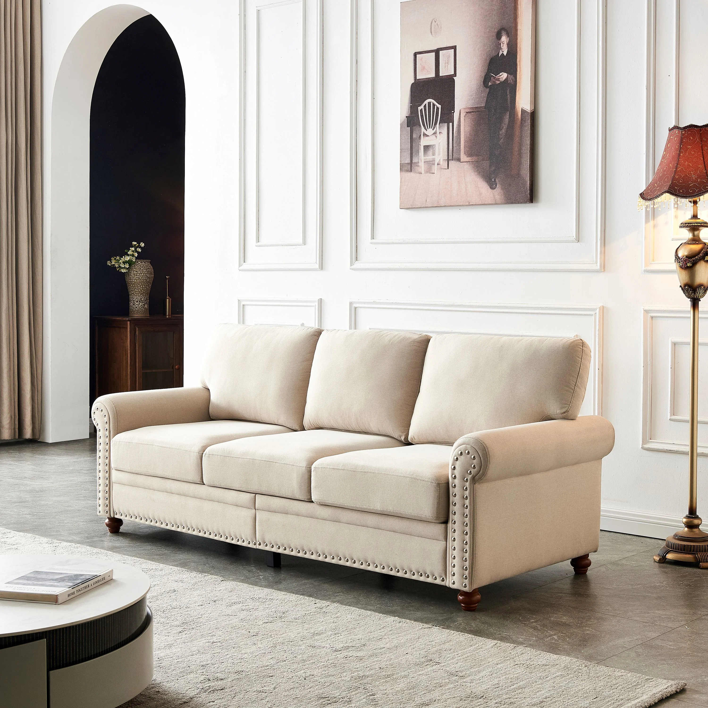 Modern 3 Seater Upholstered Sofa, 100% Polyester Soft Couch with Storage Removable Cushions Solid Wood Legs and Nailhead Trim for Living Room Bedroom Office