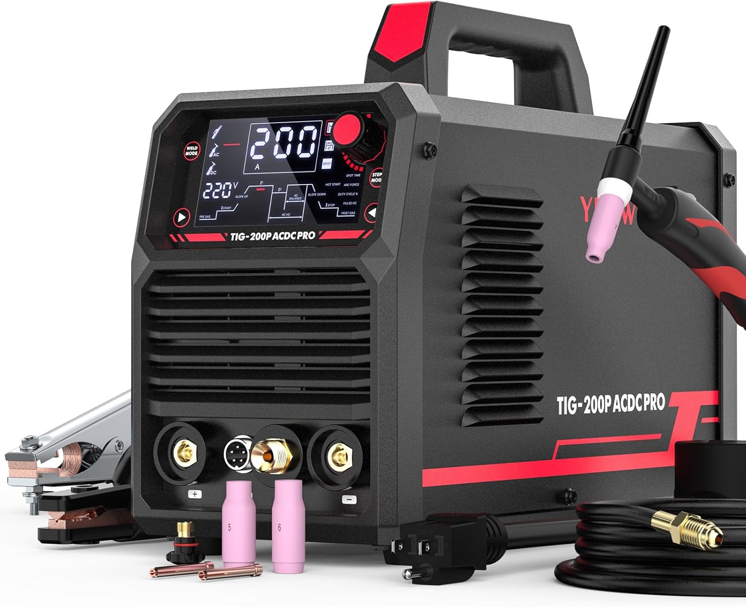 YESWELDER 200A AC/DC Aluminum Tig Welder with Pulse Large LED Display, Digital Inverter STICK/TIG 110/220V Dual Voltage & 71Pcs TIG Welding Torch Stubby Gas Lens #12 Pyrex Glass Cup