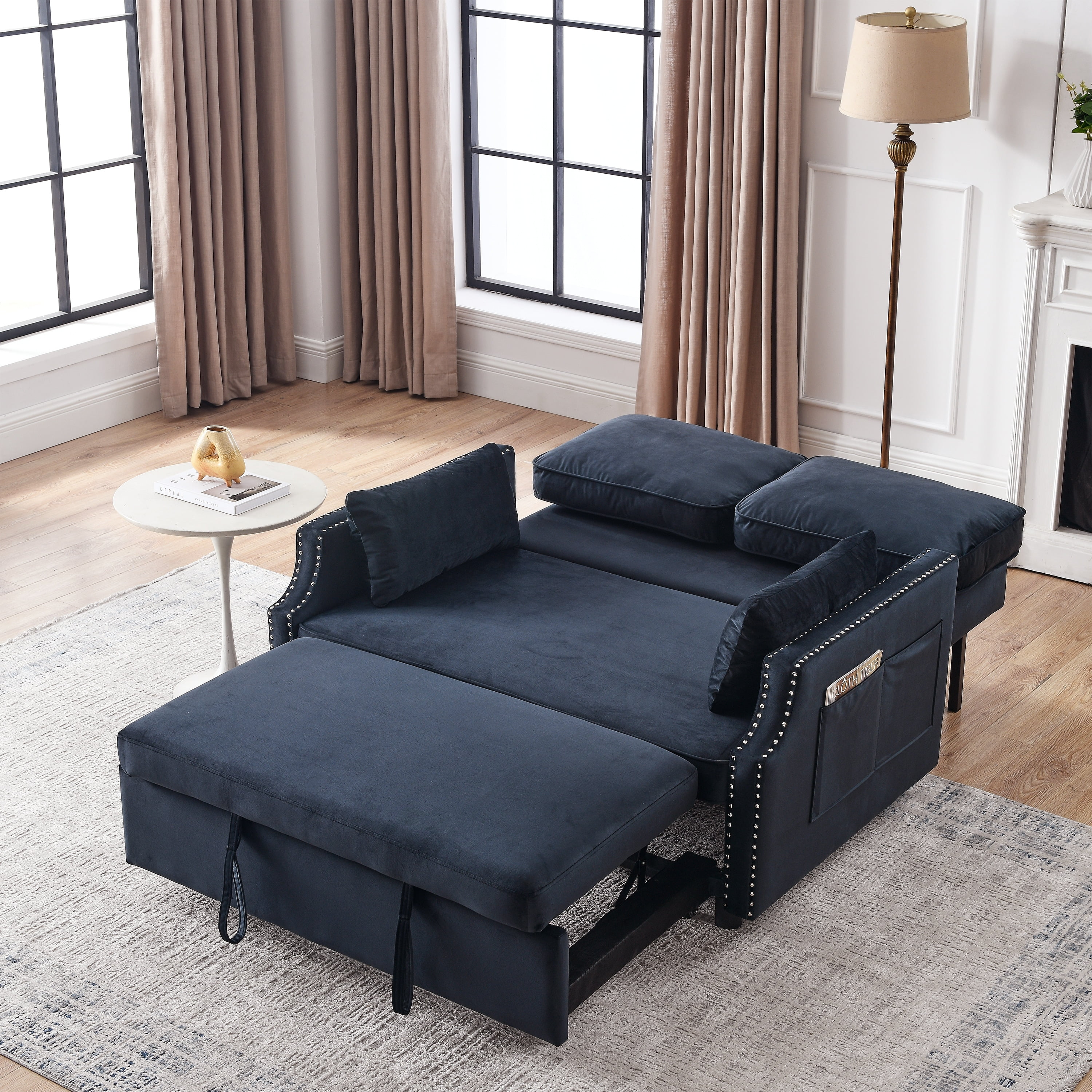 Velvet Upholstered Recliner Bed with Pull-out Sleeper Sofa, Folding Black Loveseat Sofa Bed with Side Pockets for Living Room
