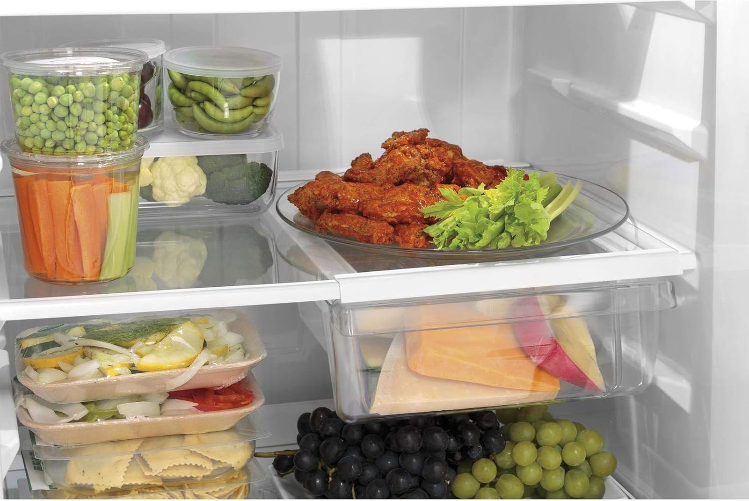 GE GTE18DTNRWW 28" Energy Star Qualified Top Freezer Refrigerator with 17.52 cu. ft. Capacity, LED Lighting, Adjustable Wire Shelves and Upfront Temperature Controls in White