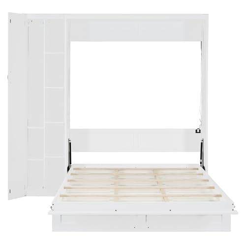 Harper & Bright Designs Queen Size Murphy Bed Wall Bed with Storage Shelves, Wardrobe and LED Lights, Space-Saving for Multipurpose Guest Room or Home Office, Gray