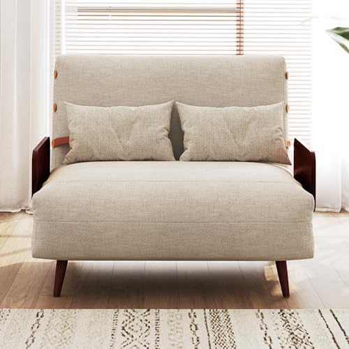 3-in-1 Convertible Chair Bed Sleeper for Adults, Linen Convertable Sleeper Chair with Wooden Arms & Pillows, Foldable Single Futon Sofa Bed (Mid Century with Walnut Arm, 36.6" Wide)