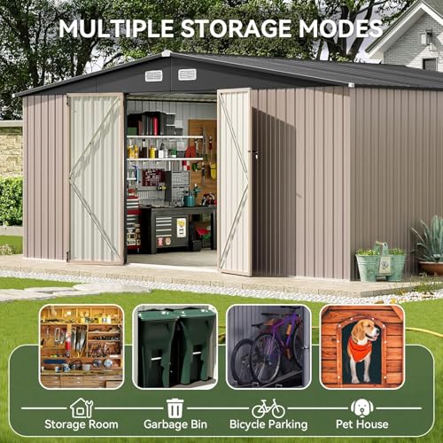Aoxun 10 x 12FT Outdoor Storage Shed with Double Hinged Large Door Utility Garden Shed with Lockable Door & Sloped Roof Metal Sheds Outdoor Storage for Garden, Backyard, Patio and Backyard, Brown