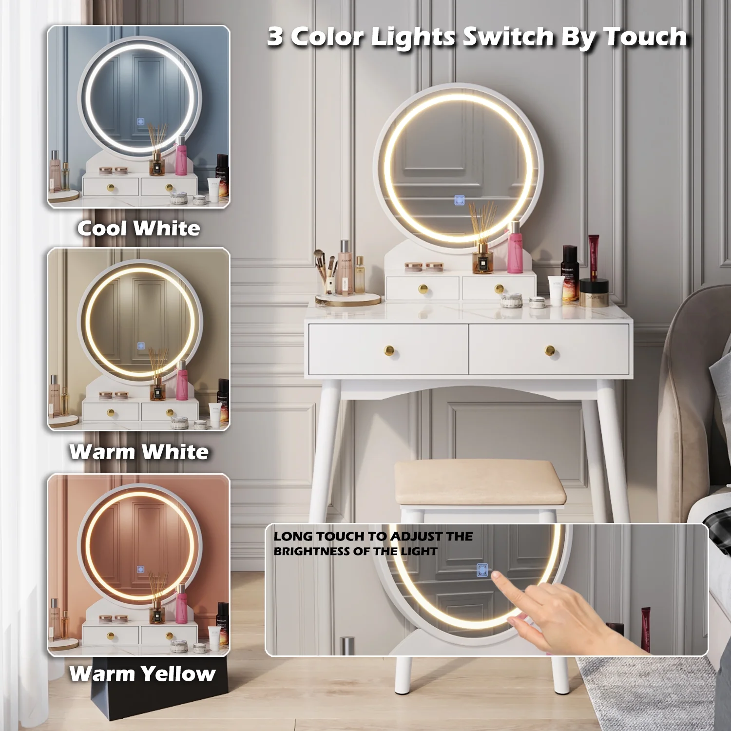 Furmax Vanity Table with Lighted Mirror, Vanity Desk with Stool, Dressing Table with 4 Drawers, Makeup Vanity Set, White Finish, for Bedroom