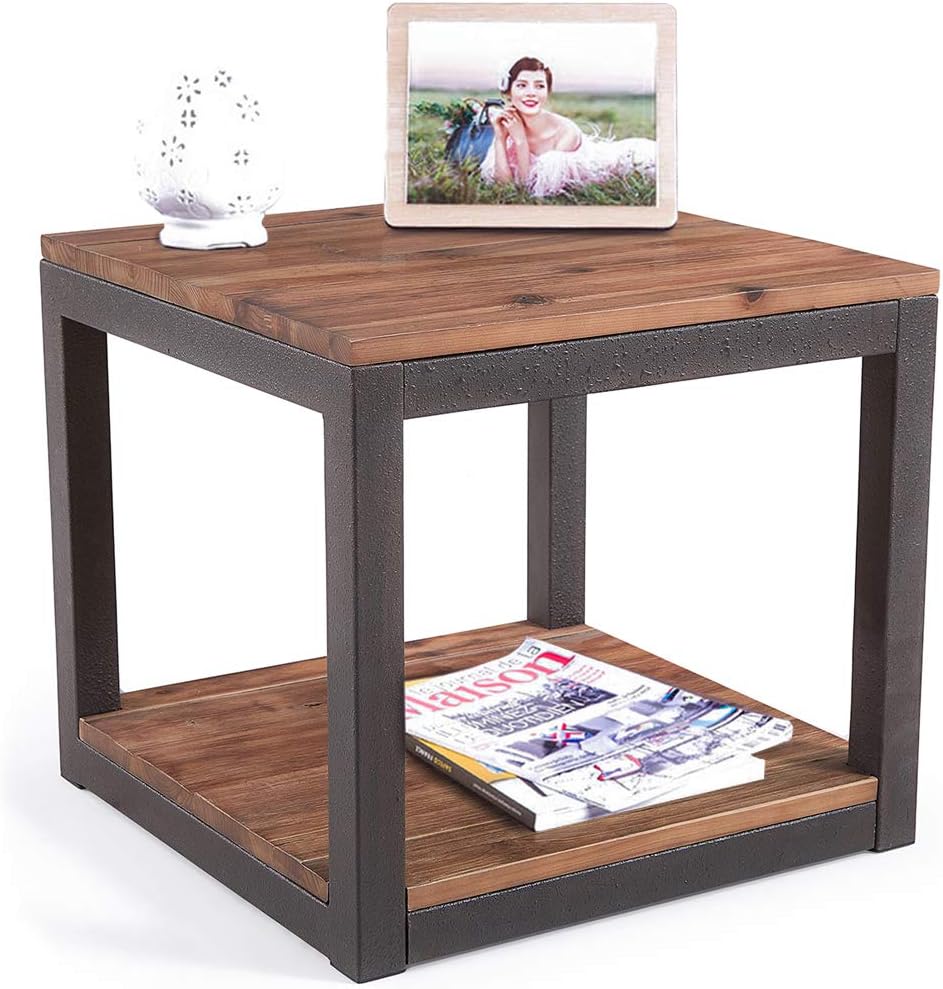 Care Royal Vintage Industrial Farmhouse 19.7 inches Side End Table with Storage Shelf for Living Room, Night Stand Bedroom, Real Natural Reclaimed Wood, Sturdy Rustic Brown Metal Frame, Easy Assembly