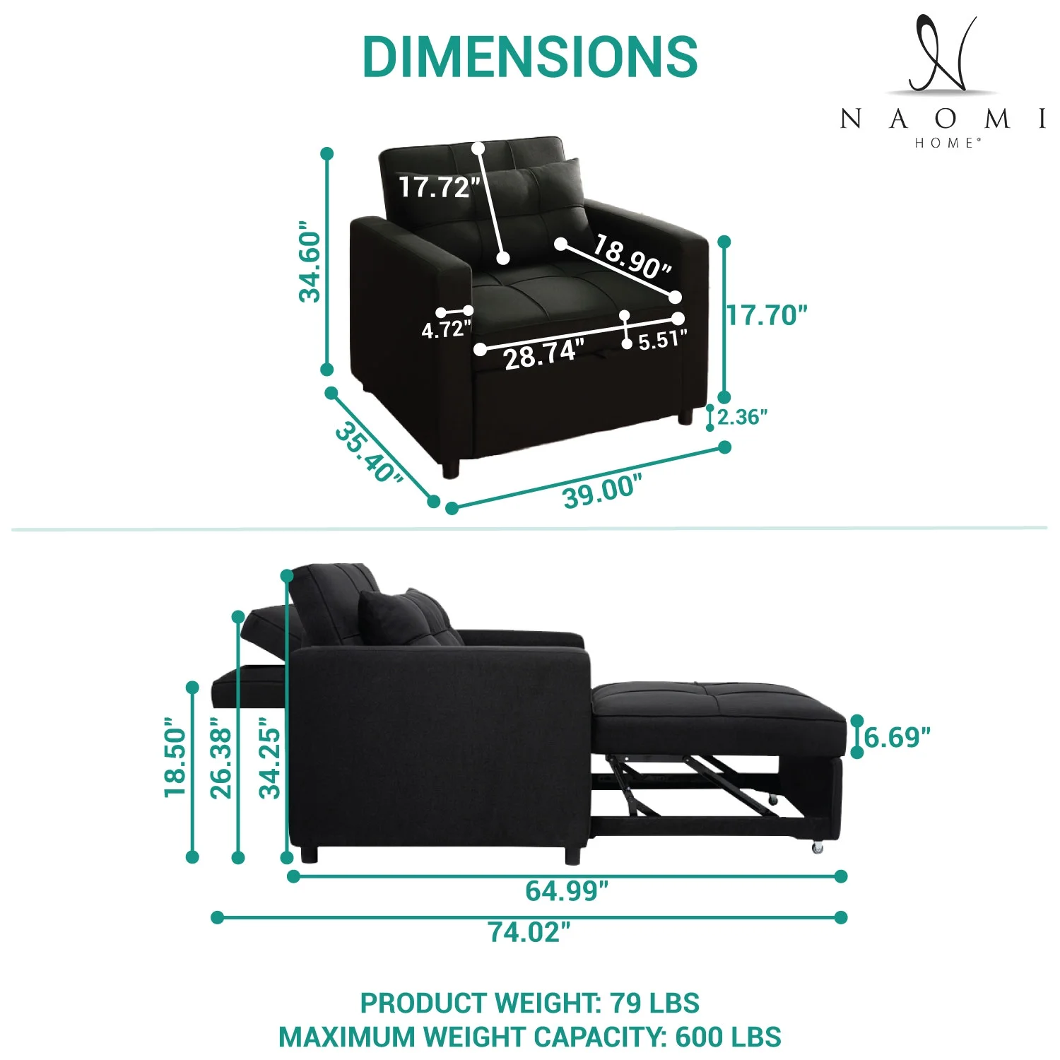 Anna 3 in 1 Convertible Chair Bed Sleeper, Pull Out Sofa Bed, Pull Out Couch, Sleeper Chair with with Pillow, Pull Out Bed with Adjustable Backrest Living Room - Black