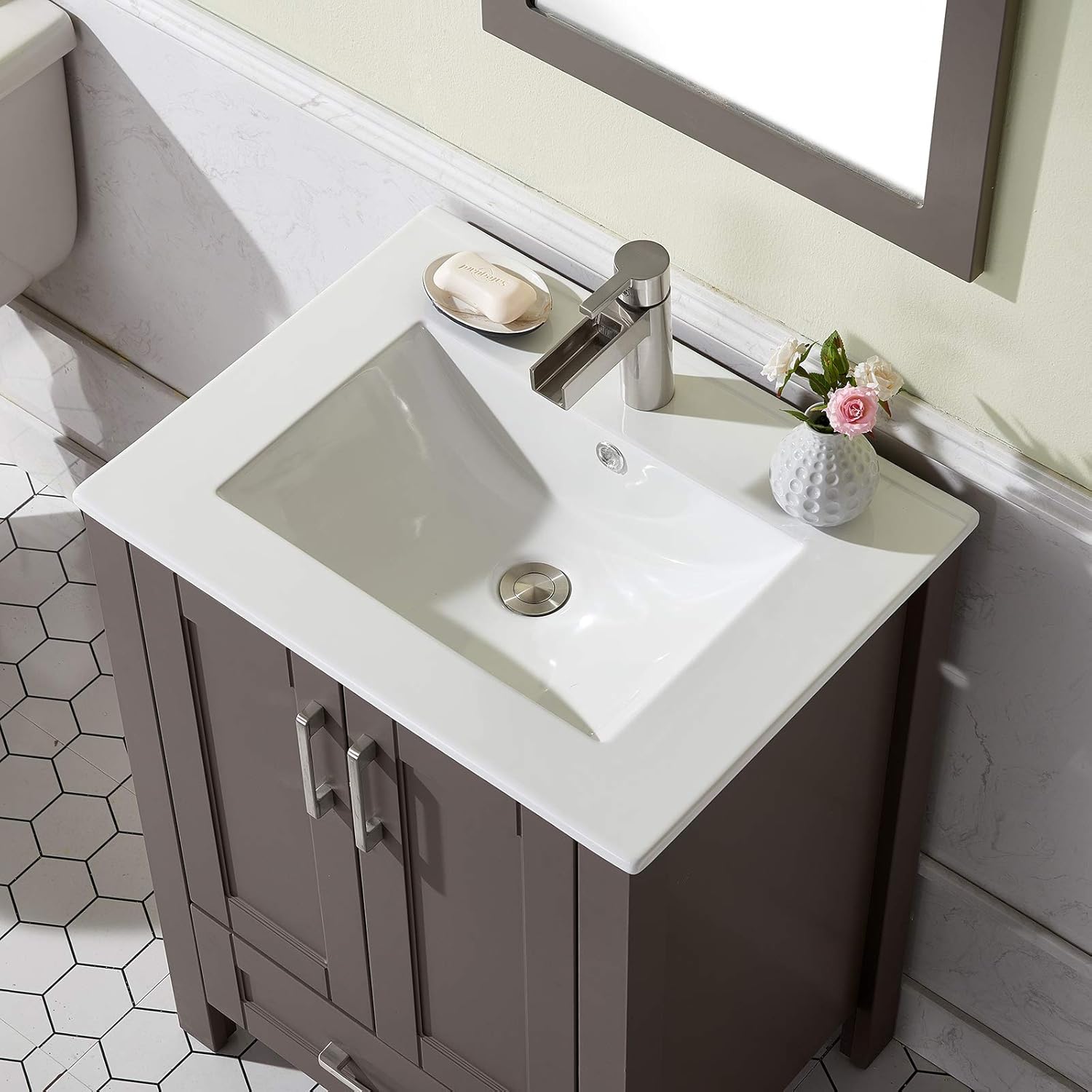 Bathroom Vanity with Sink, 24 Inch Small Bathroom Cabinet Set Combo 2 Doors Grey, Wood Storage Cabinet with Single Hole Undermount Ceramic Sink