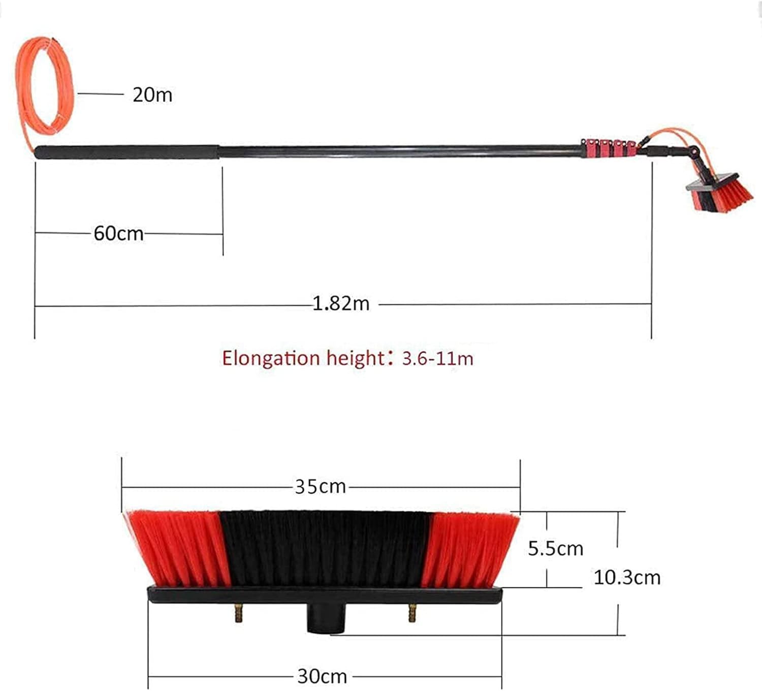 XIAOYE Telescopic Window Cleaner Water Wash Brush Kit,3-12m Window Cleaning Pole,Cleaning Photovoltaic and Solar Panels / 10m Rod / 30cm Brush Head,24FT/7.2M