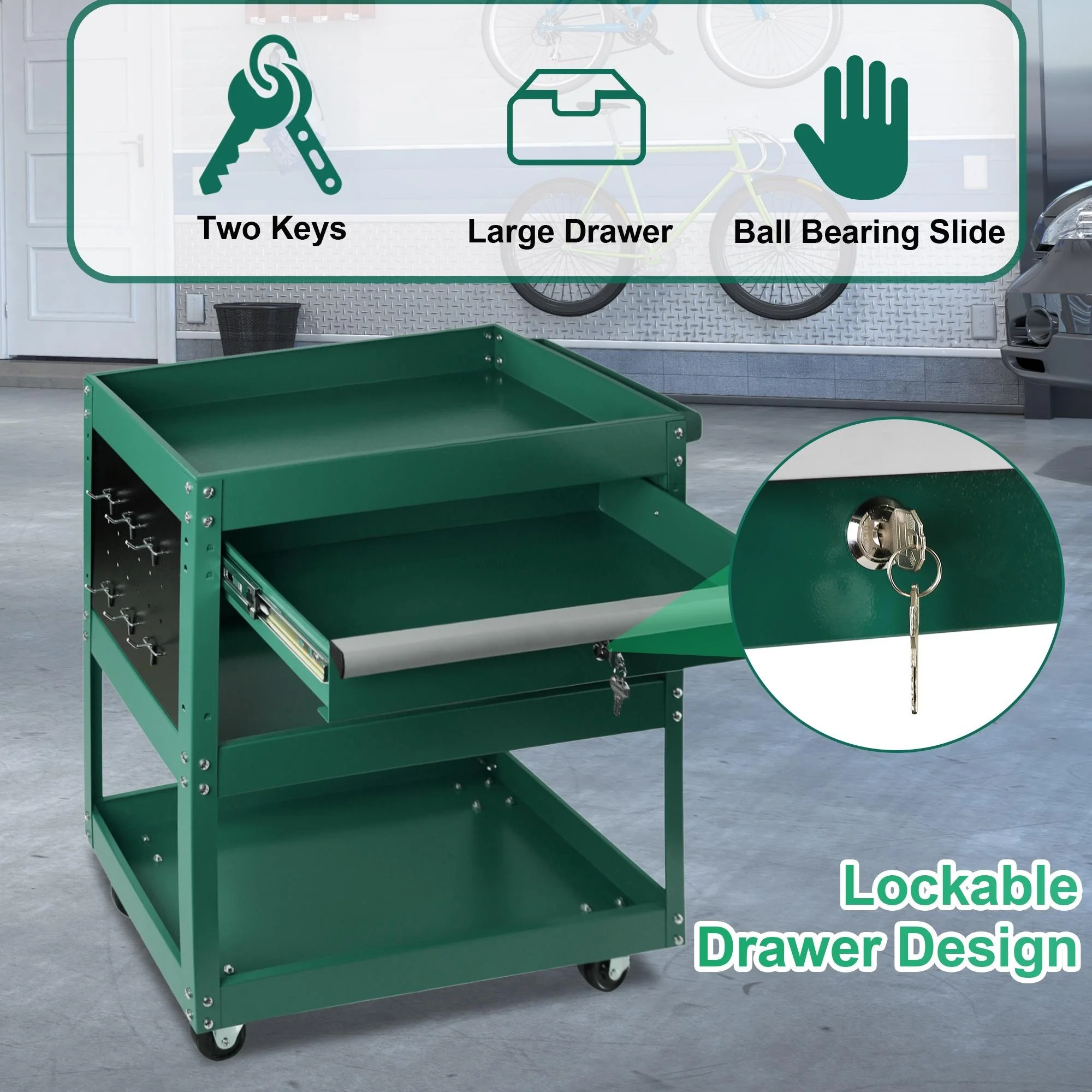 Rolling Tool Cart with Drawer, Seizeen Heavy Duty Utility Cart on Wheels, Garage Workshop Tool Organizer, 3 Tray, 1 Lockable Drawer, 6 Side Hooks