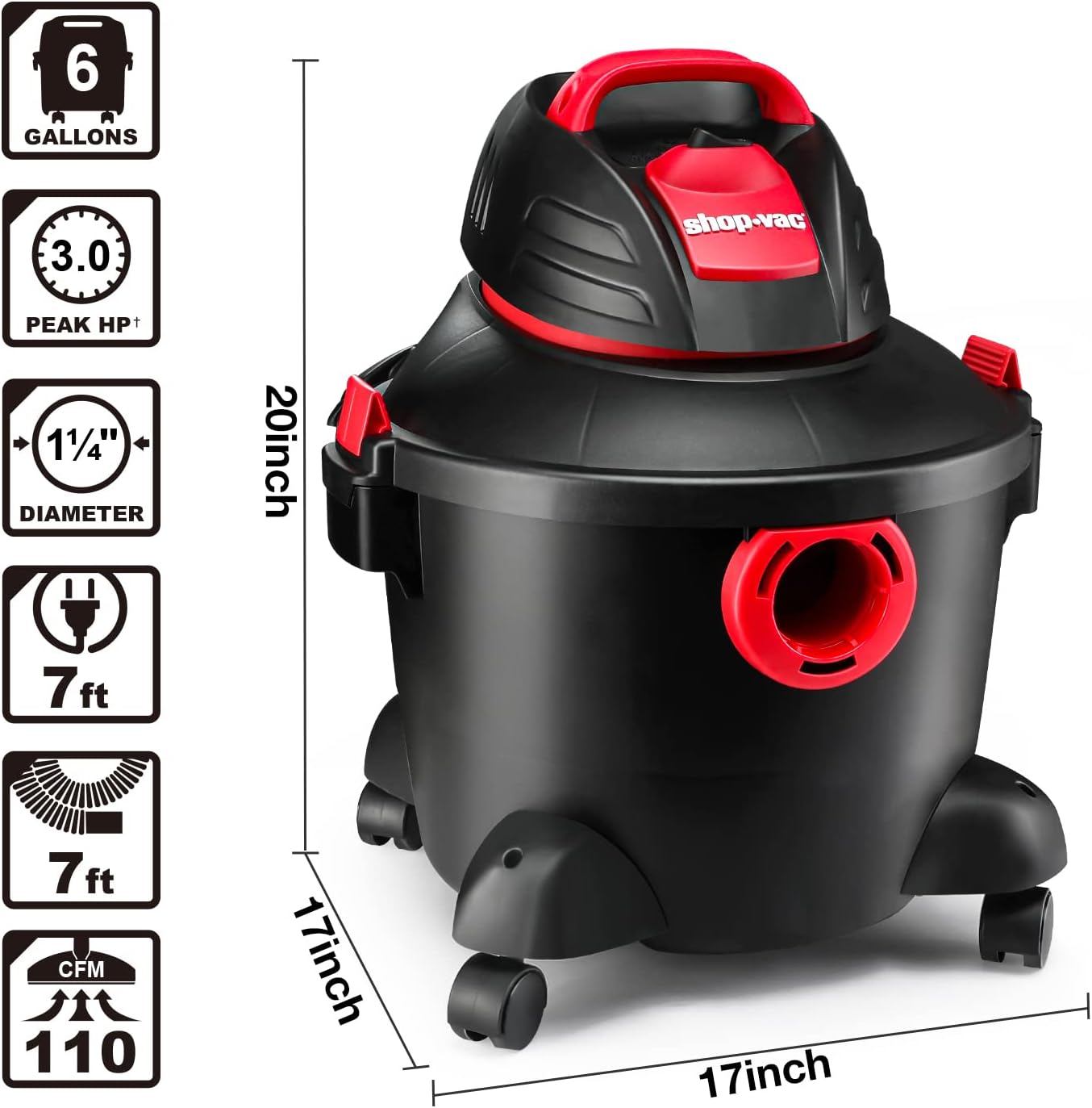 Shop-Vac 6 Gallon 3.0 Peak HP Wet Dry Vacuum, Heavy-Duty Shop Vacuum with Attachments, 5920611