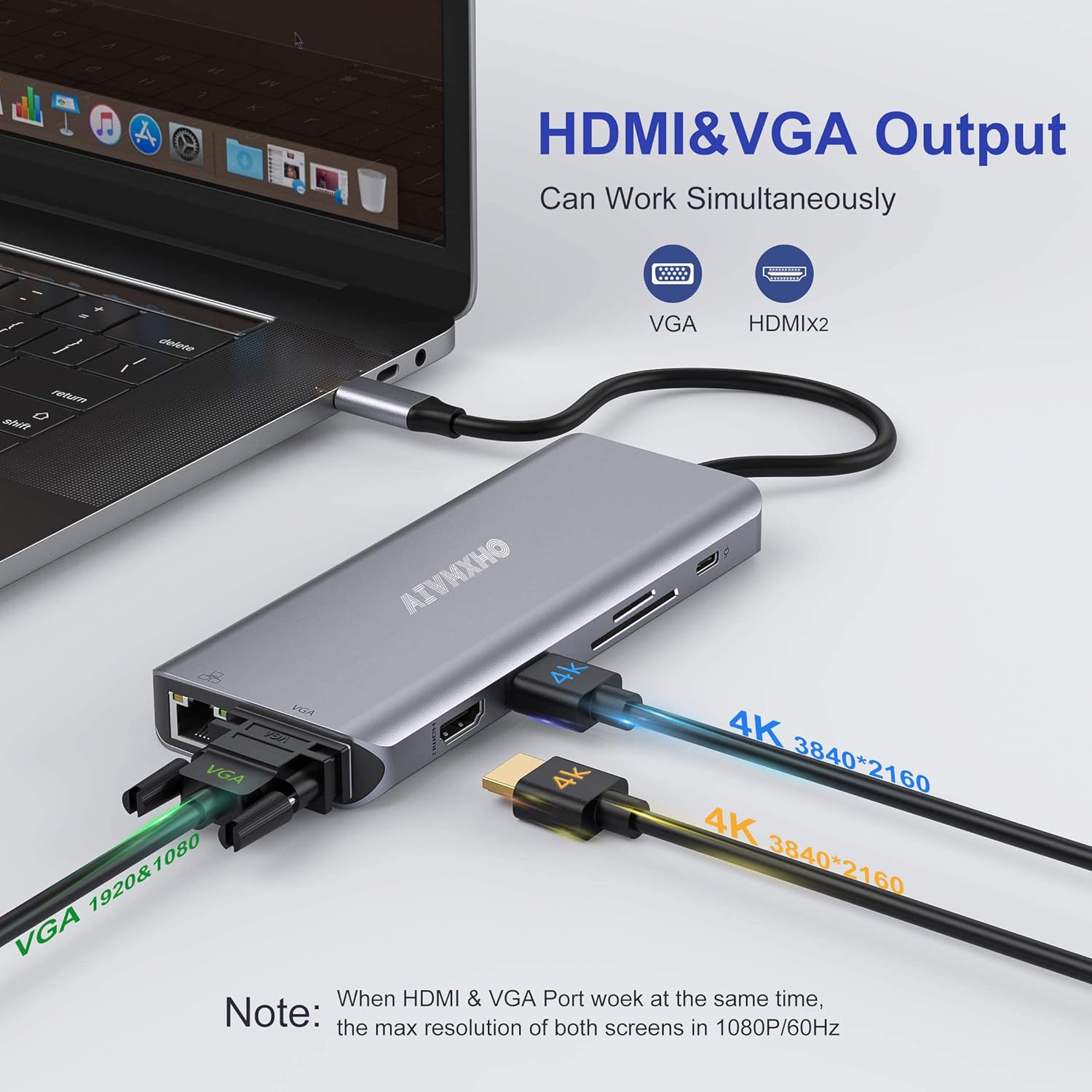 AIVMXHO USB C Laptop Docking Station, 12-in-1 USB C Hub with Dual 4K HDMI, VGA, Gigabit Ethernet, 2 USB 3.0, 2 USB 2.0, 100W PD, SD/TF Card Reader, AUX, for Type-C Laptops