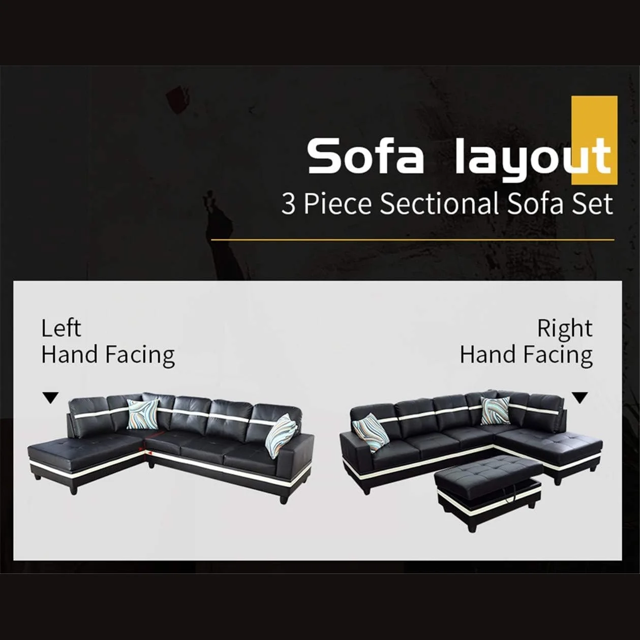 Ainehome 103.5" Leather Sectional Sofa Set, 3-Piece L-Shaped Living Room Couch Sets with Chaise Storage Ottoman and Pillows, Black