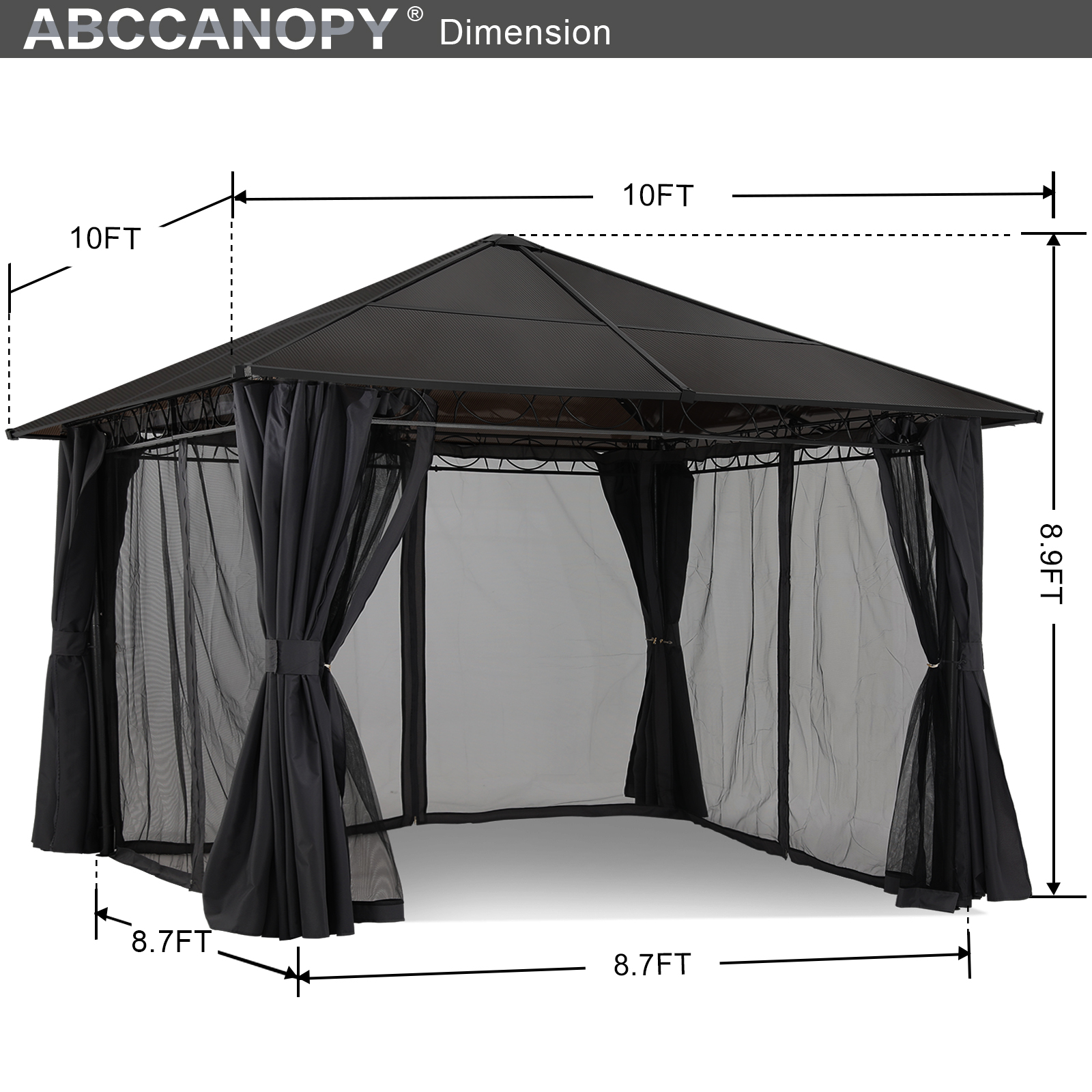 ABCCANOPY 10x10 Hardtop Patio Gazebo with Netting and Screen Walls Curtains,DarkGray