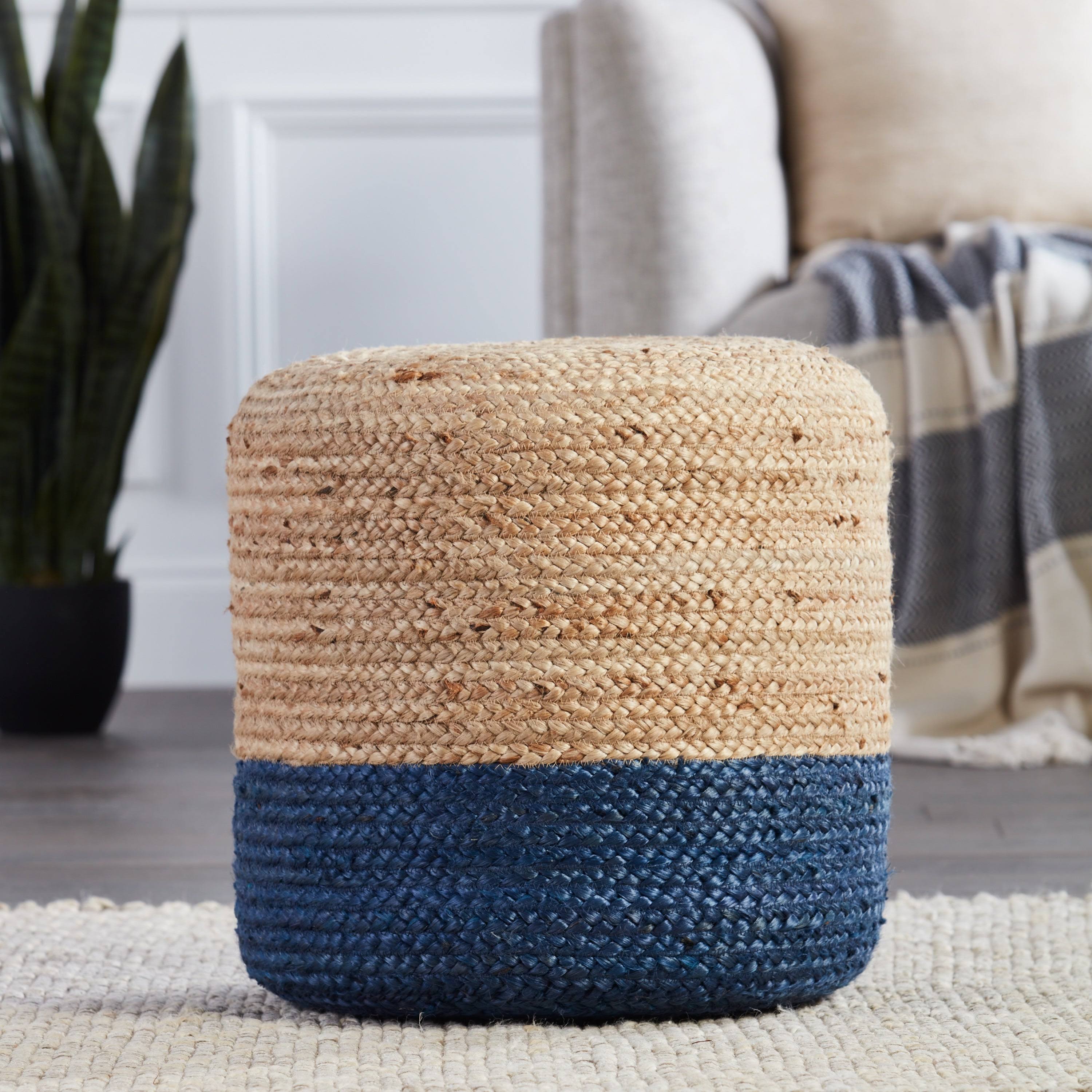 The Curated Nomad Camarillo Ombre Braided Jute Cylinder Pouf - White/Beige