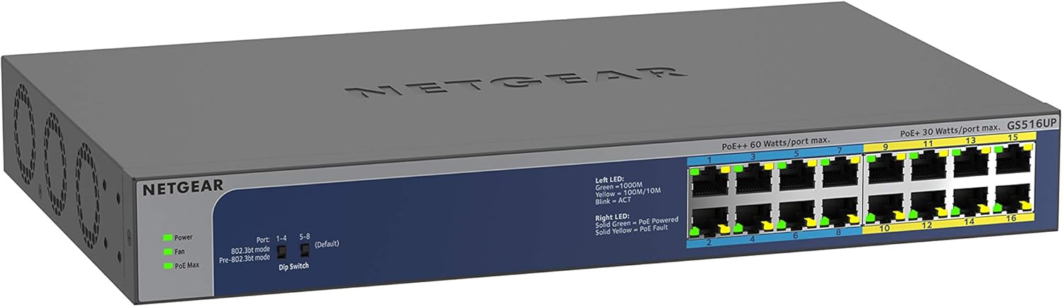 NETGEAR 16-Port Gigabit Ethernet Unmanaged PoE Switch (GS116PP) - with 16 x PoE+ @ 183W, Desktop, Wall Mount or Rackmount, and Limited Lifetime Protection