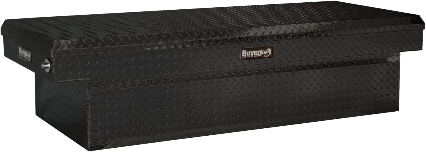 Buyers Products Crossover Truck Tool Box, Heavy Duty Saddle Cargo Bed Organizer for Equipment Accessories Storage, Metal Diamond Tread Aluminum, Deep, 71x20x23, Gloss Black, 1729415