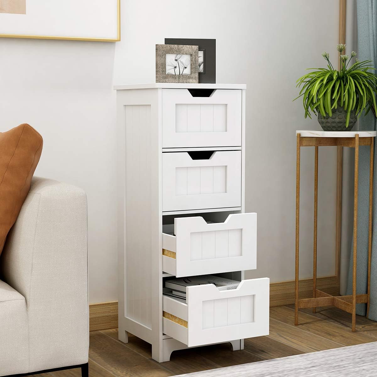 Bathroom Floor Cabinet RASOO White Freestanding Storage Organizer Cabinet with 4 Drawers for Bathroom, Living Room, Kitchen, 11.81x11.81x32.68(LxWxH)