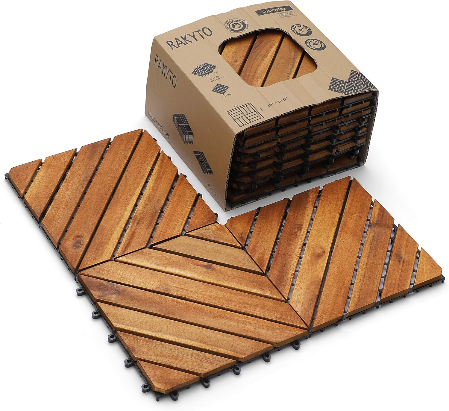 Wood Interlocking Flooring Tiles (Pack of 10, 12" x 12"), Solid Wood Acacia Deck Tiles Interlocking Outdoor, Patio Tiles Outdoor Interlocking Waterproof All Weather (8 Slat)