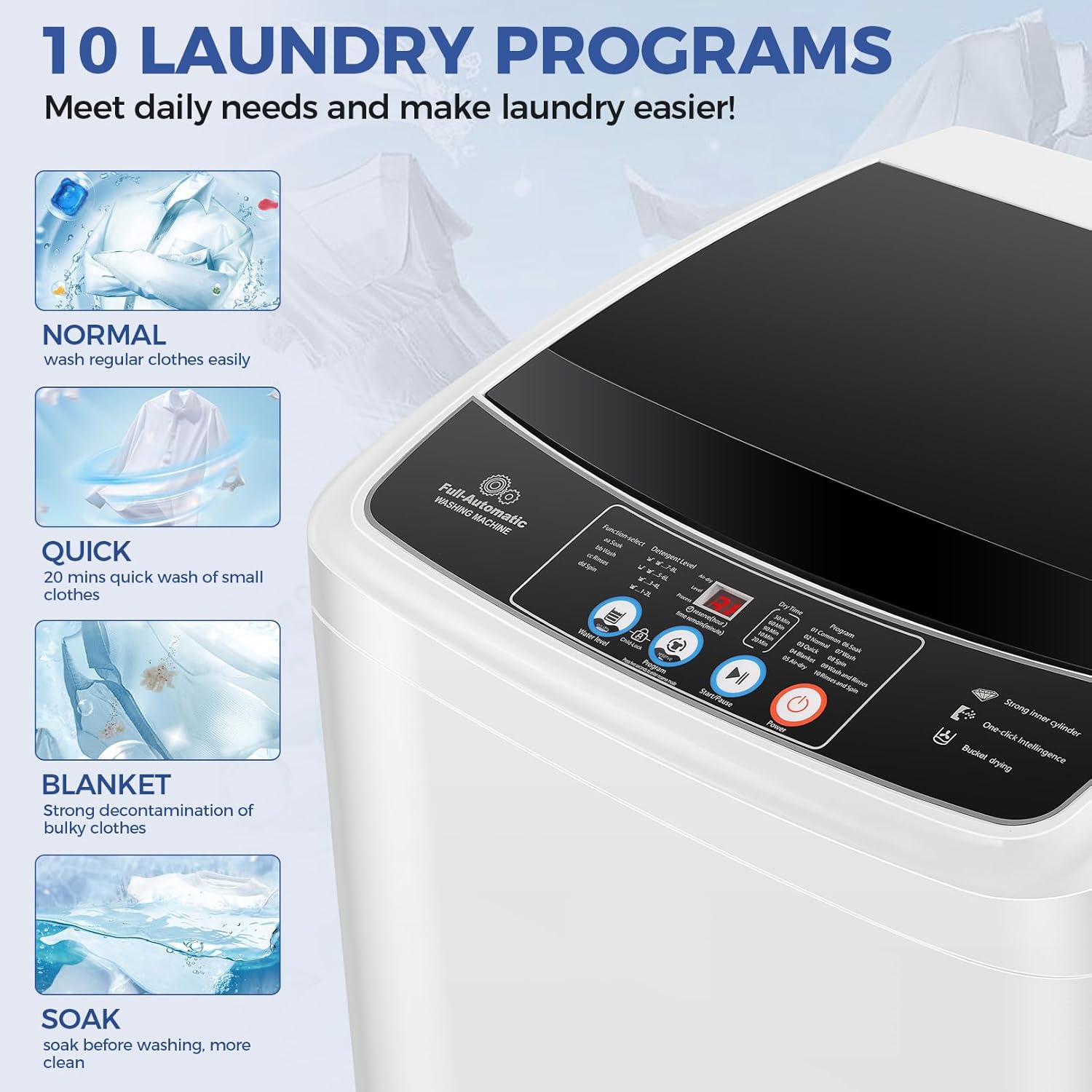 Nictemaw Portable Washing Machine 15.6Lbs Capacity 2.1 Cu.ft Portable Washer and Dryer Combo with 10 Programs and 8 Water Level Selections Compact Washer Machine for Apartments, Home, Dorms, Rv