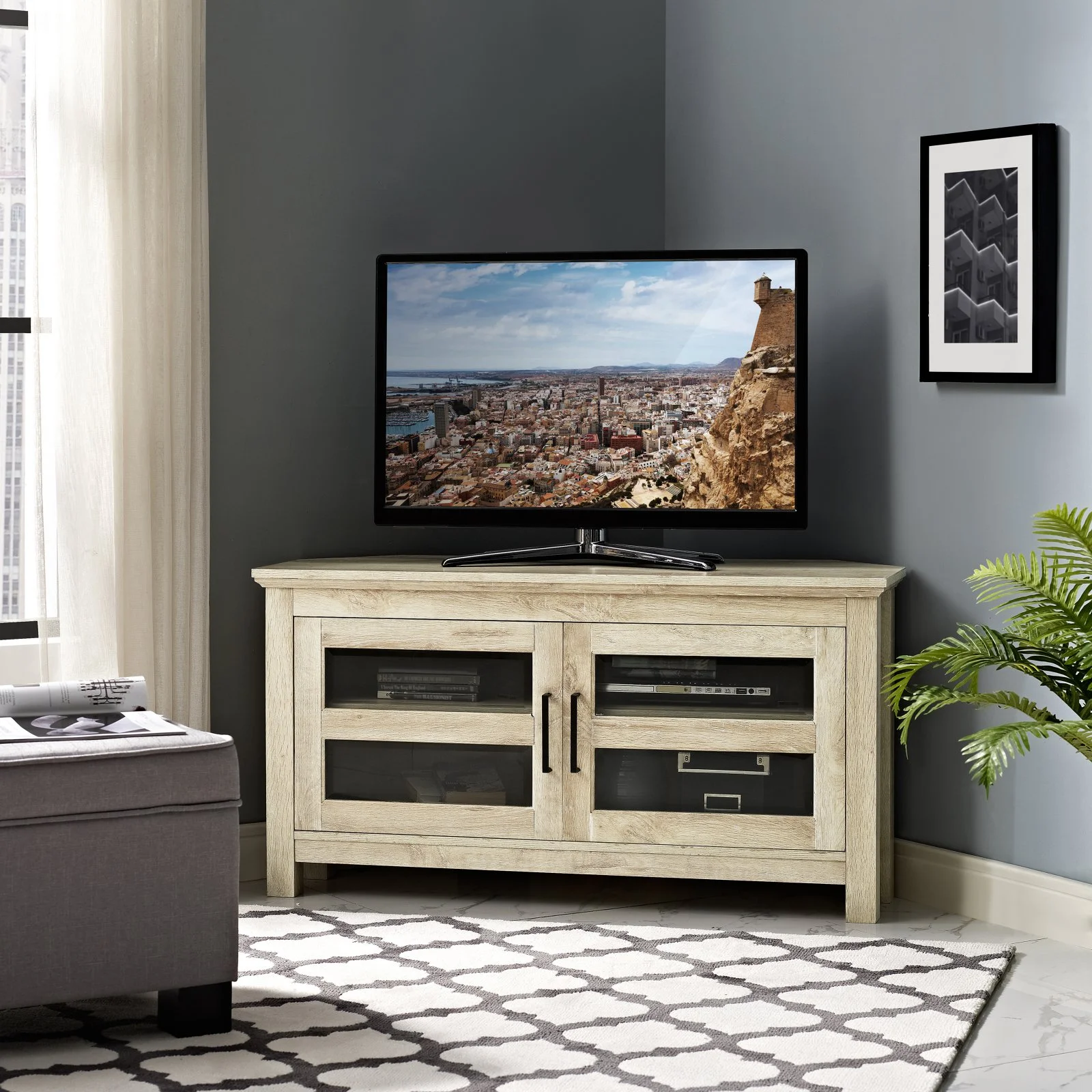 44" Transitional Farmhouse Wood Corner TV Console in Grey Wash