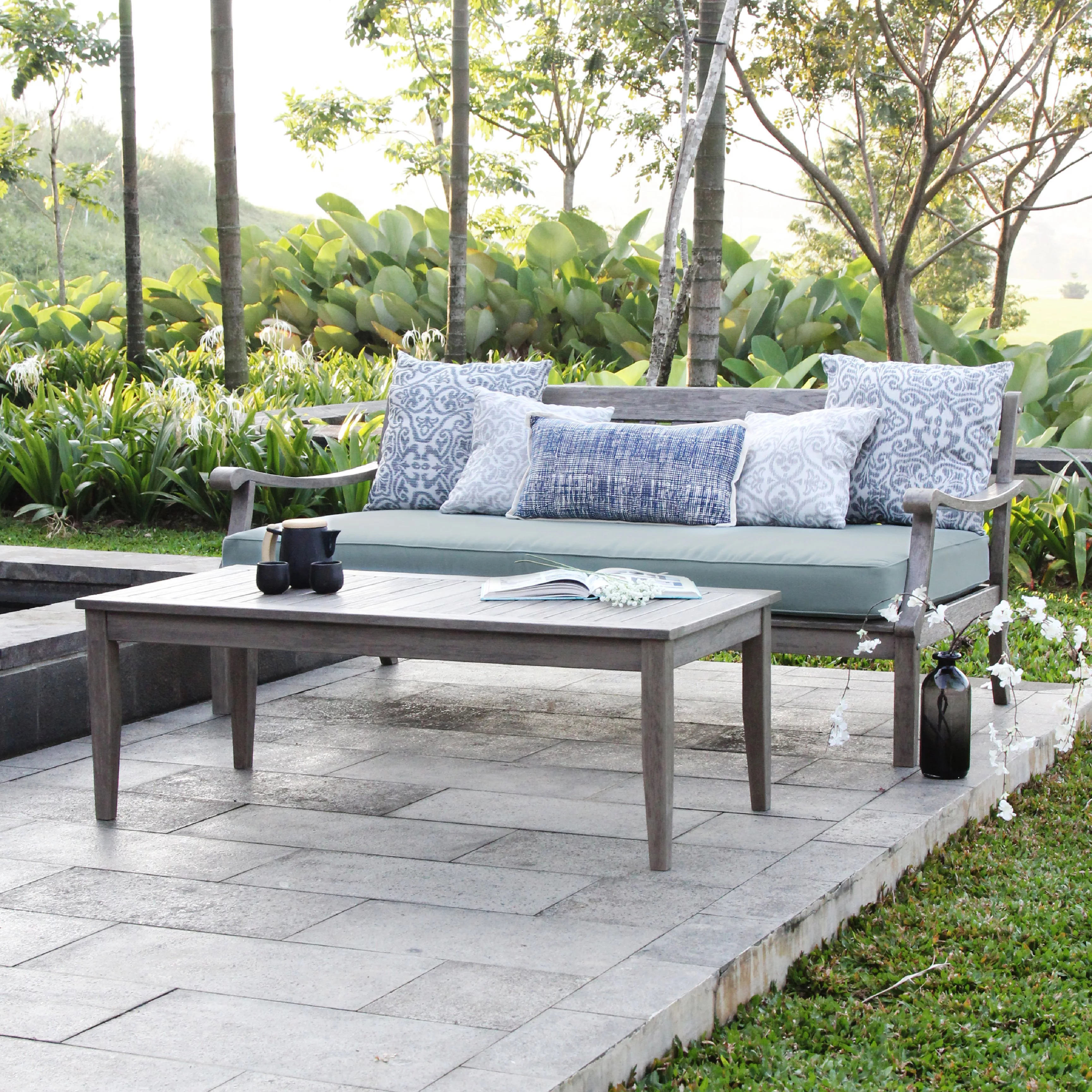 Alston Wood Outdoor Sofa Daybed with Blue Spruce Cushion