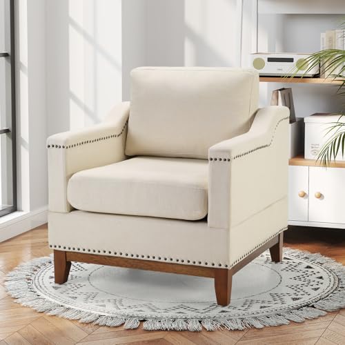 Classic 3-Seater Upholstered Sofa with Nailhead Trim, High-Density Foam Cushions & Sturdy Solid Wood Legs, Soft Fabric Couch for Living Room, Beige