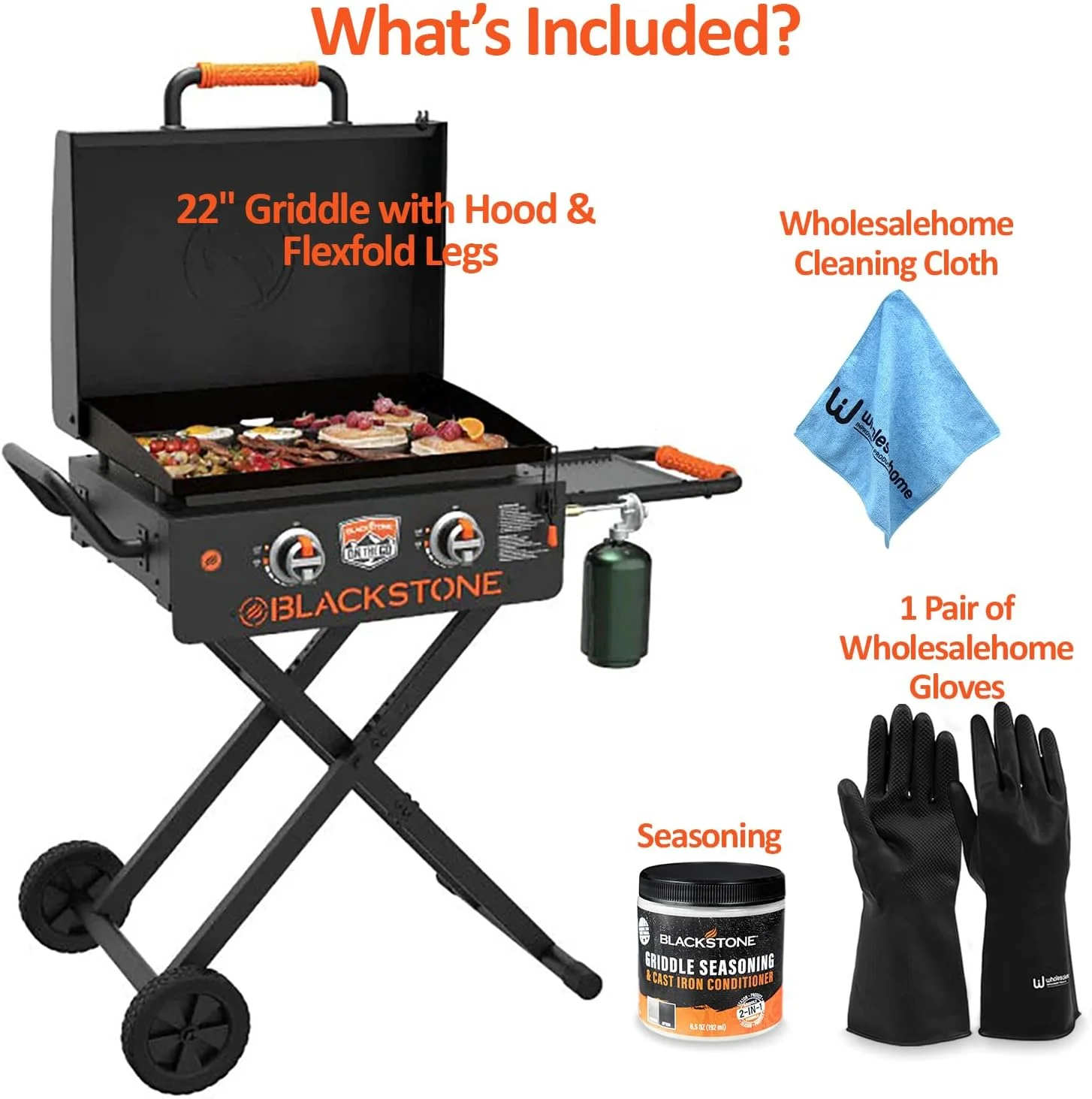 22 inch Blackstone Griddle with Hood and Grill Stand, Foldable Outdoor Flat Top Grill Propane Portable Gas Grill for Camping and BBQ Grill with Blackstone Seasoning, and Wholesalehome Gloves and Cloth