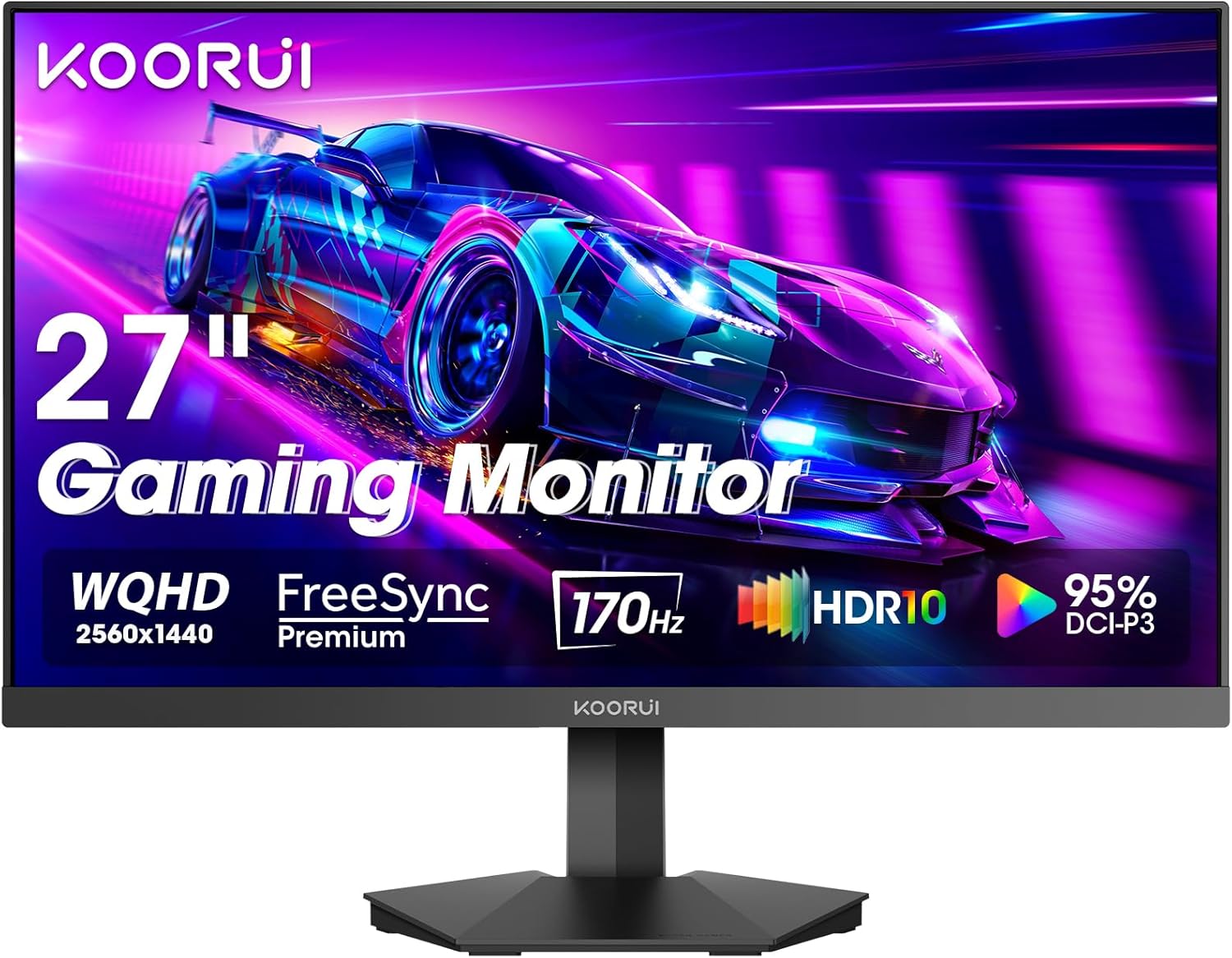 KOORUI 27” WQHD (2560 x 1440p) Gaming Monitor 170Hz 144Hz, 1ms Fast IPS, HDR 10, DCI-P3 95% Color Gamut, Adaptive G-Sync, FreeSync Premium, HDMI x 2, DisplayPort, Black (GN07)