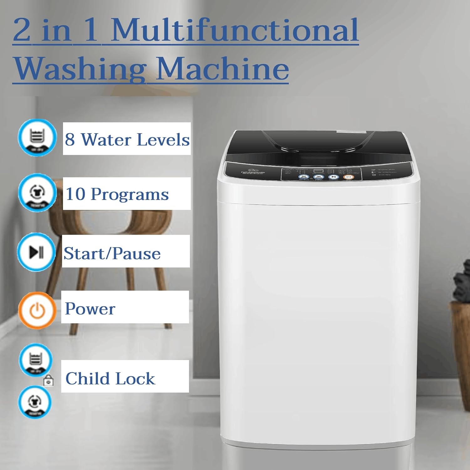 Portable Washing Machine 15.6 Lbs, Portable Washer 2.1 Cu.ft Compact Washer with Drain Pump, 10 Programs & 8 Water Levels, for Apartment/Dorm/RVs