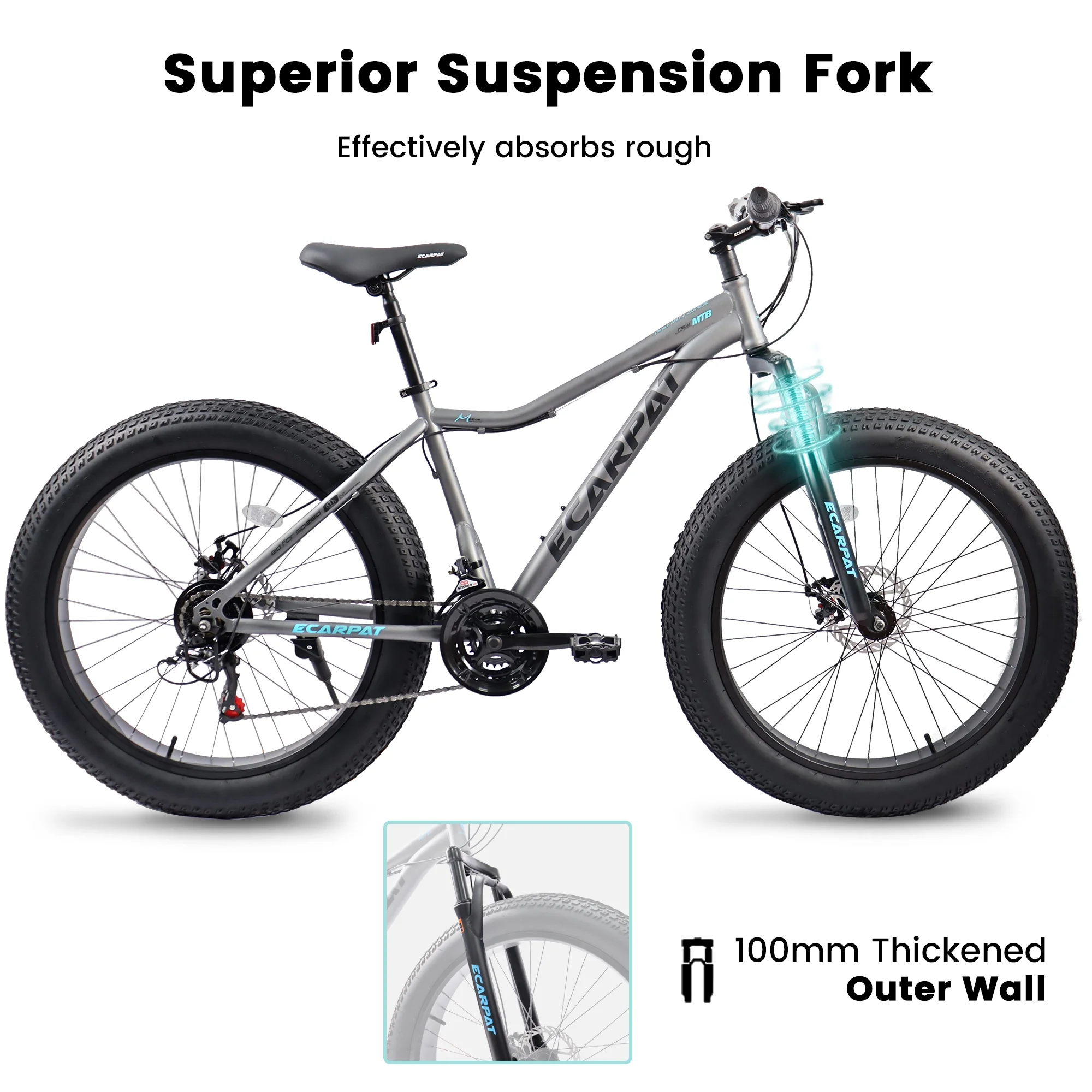 26 Inch Fat Tires Mountain Bike, 26x4" Wide Wheels, 21-Speed Mens Womens Trail Beach Snow Commuter City Mountain Bike, Carbon Steel Frame Disc Brakes Grip Shifter Front Fork Bicycles