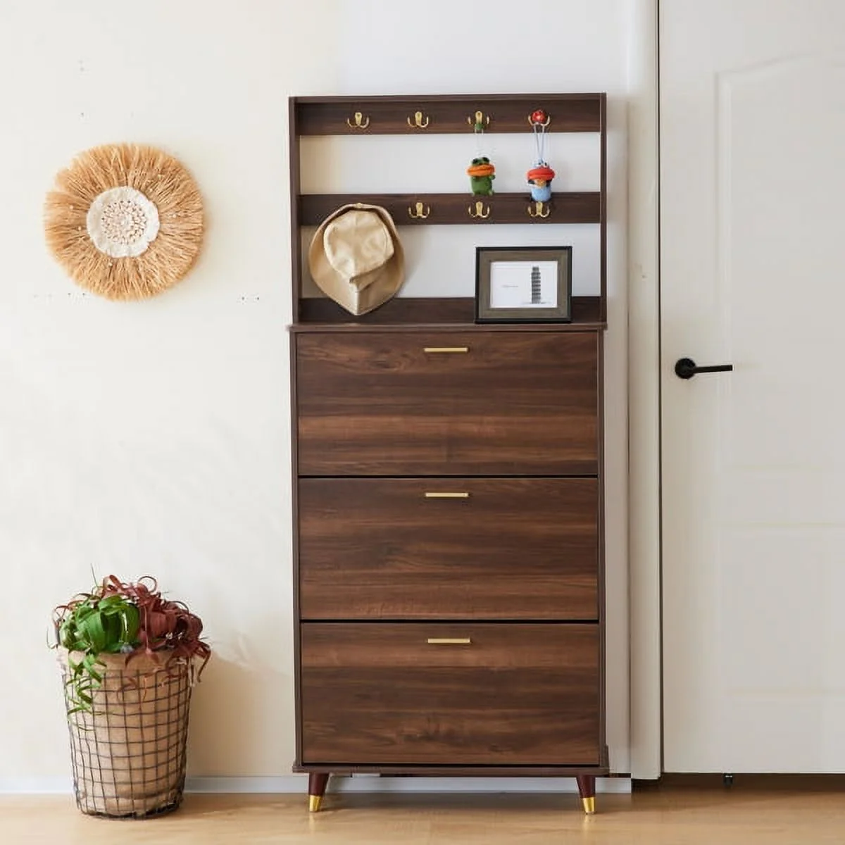 SYTHERS Hall Tree, Entryway Armoire Closet Coat Rack Freestanding with 12 Hooks & 3 Shoe Cabinets, Brown
