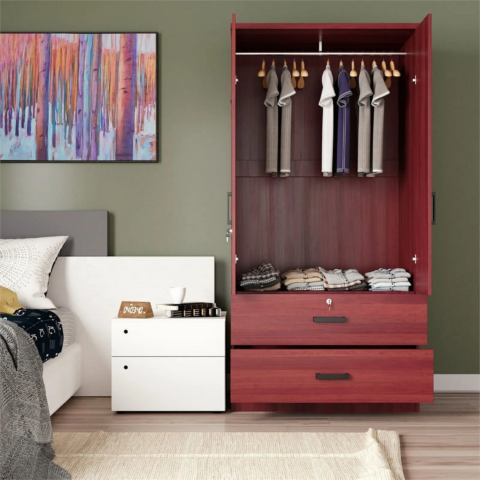 Better Home Products Grace Armoire Wardrobe with Mirror & Drawers in Mahogany