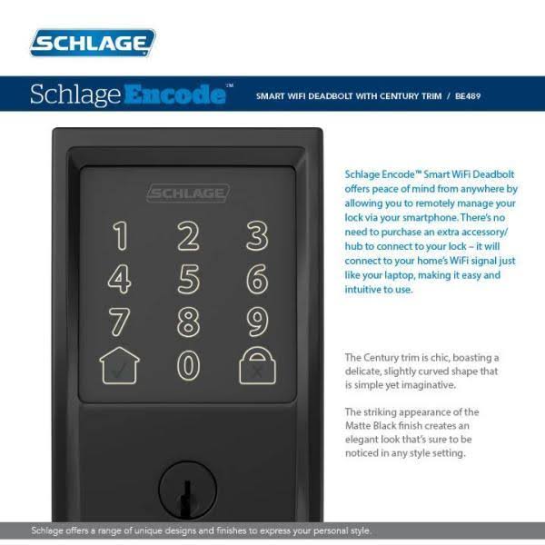 Schlage Century Encode Smart WiFi Door Lock with Alarm and Latitude Lever Handleset in Matte Black