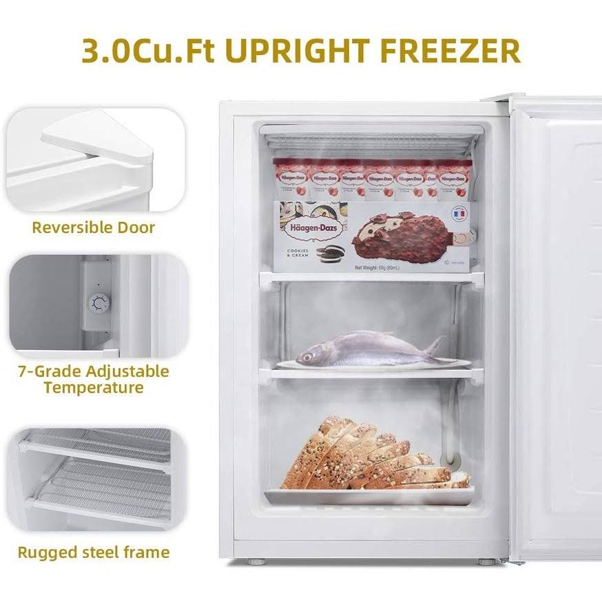 3.0 CU.FT Compact Upright Freezer with Reversible Single Door - White