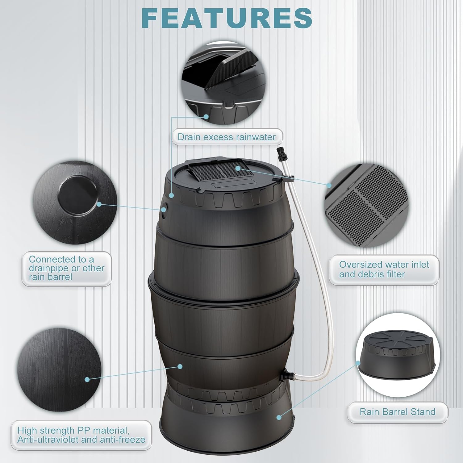 SQUEEZE master 50 Gallon Rainwater Collection Barrel with Stand-BPA Free Home Rain Catcher with Outlet Hose-Flatback Designed Water Storage Collection Barrel for Gardens and Plants
