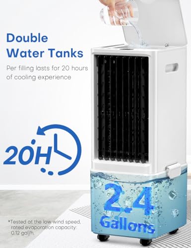 COOLECH Evaporative Cooler, 3-IN-1 Windowless Swamp Cooler w/ 4 Mode & 3 Speed, 12H Timer, 2.4 Gal Detachable Water Tank, Air Conditioner Portable for Room Office