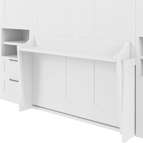 MERITLINE Full Murphy Bed with Desk and Storage 2 Closet,Drawers&Shelves, Wood Folding Murphy Wall Bed Cabinet for Adults (Full,White with Drawers)