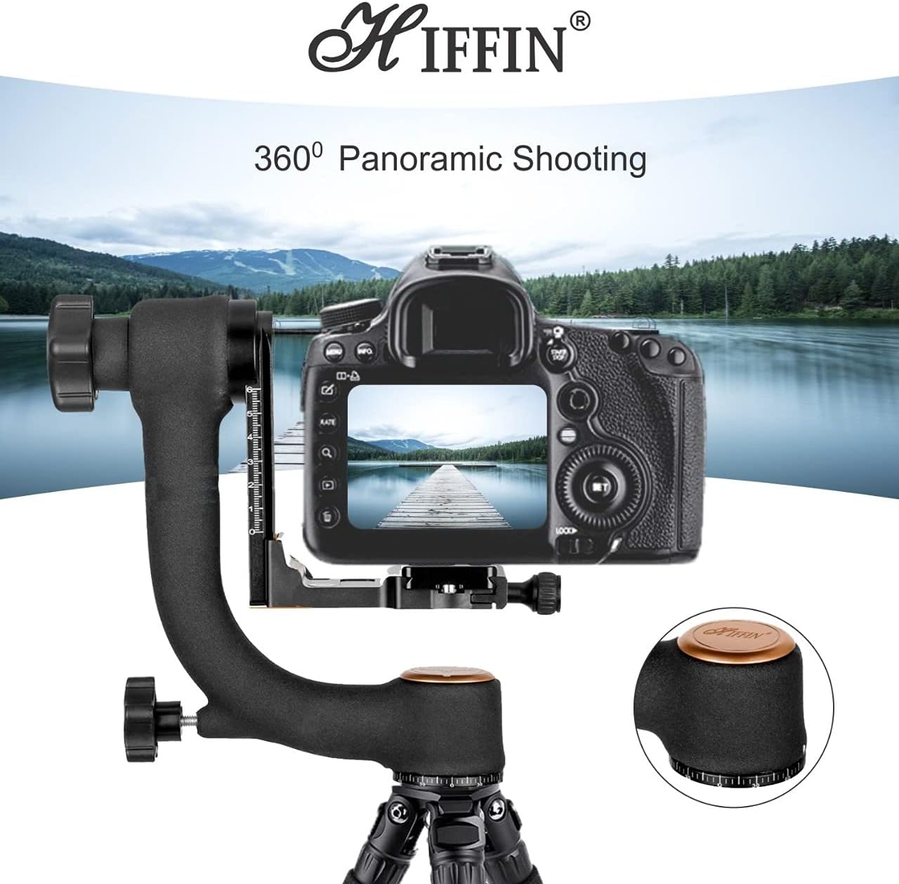 HIFFIN 360 Degree Gimble Tripod Head Panoramic Gimbal Tripod Head with Arca-Swiss Standard 1/4'' Quick Release Plate and Bubble Level for Digital