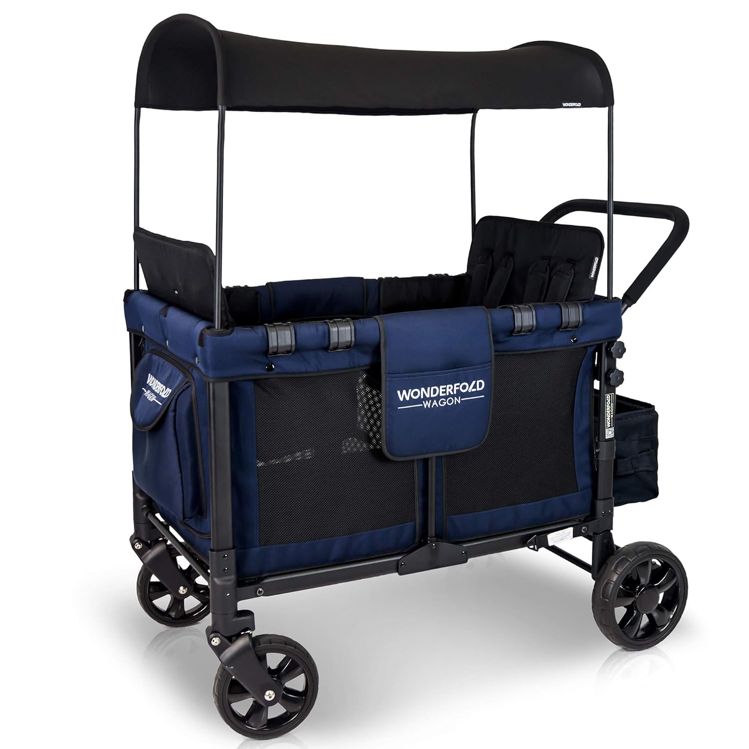 WONDERFOLD W4 4 Seater Multi-Function Quad Stroller Wagon with Removable Raised Seats and Slidable Canopy, Gray