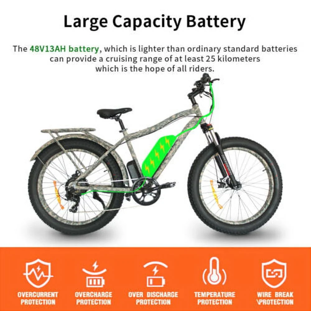Aostirmotor Electric Mountain Bike, 749W Motor 48V 13AH Removable Lithium Battery Ebike with Rack, 26" 4.0 inch Fat tire Bike, Electric Bicycle for Adults(Black)
